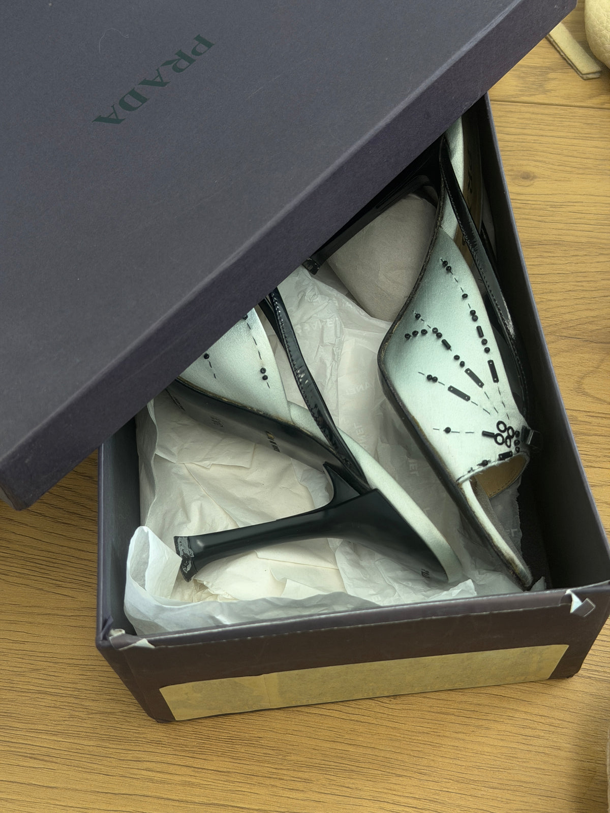 prada spring 2000 light silver satin embellished heeled mules