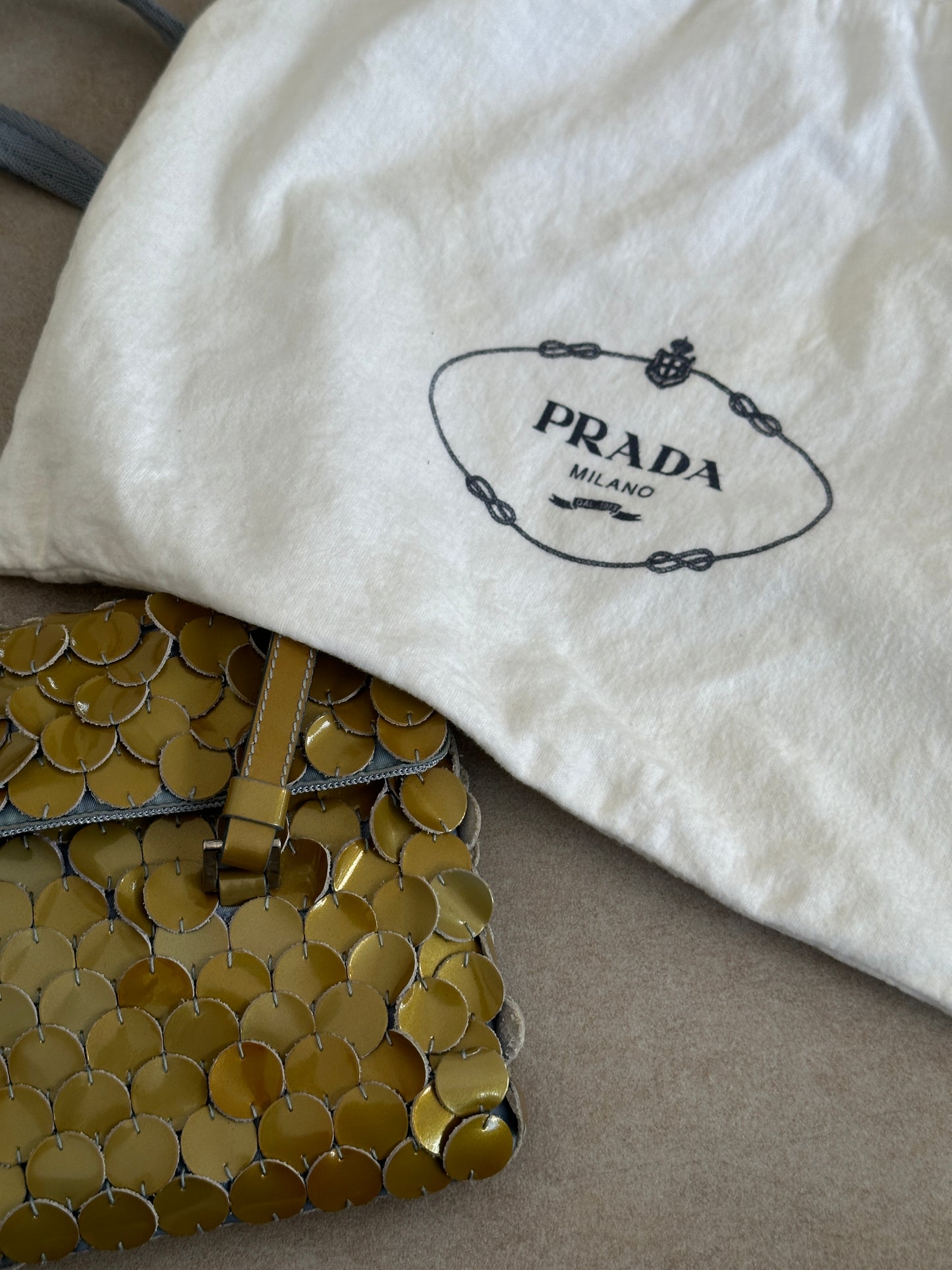 (rare) prada ss 2000 gold disc bag