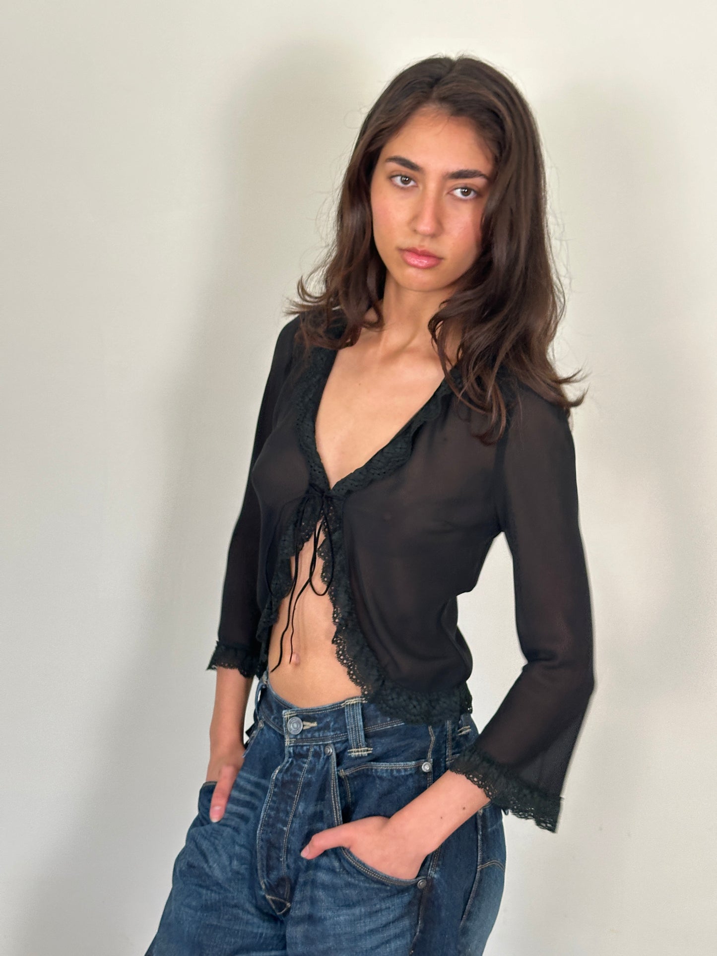 (early 2000s) katharine hamnett london sheer lace-trim cardigan