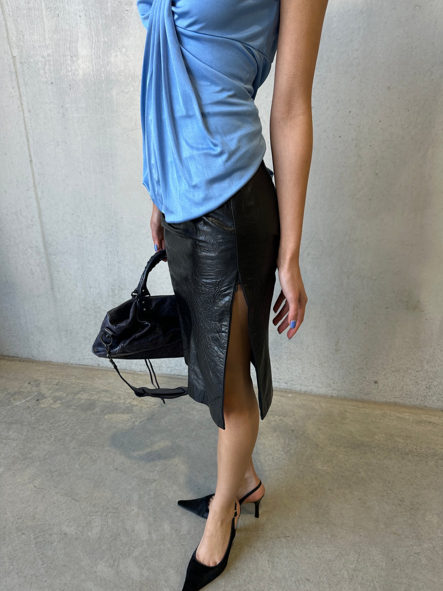 katharine hamnett black cracked leather slit skirt