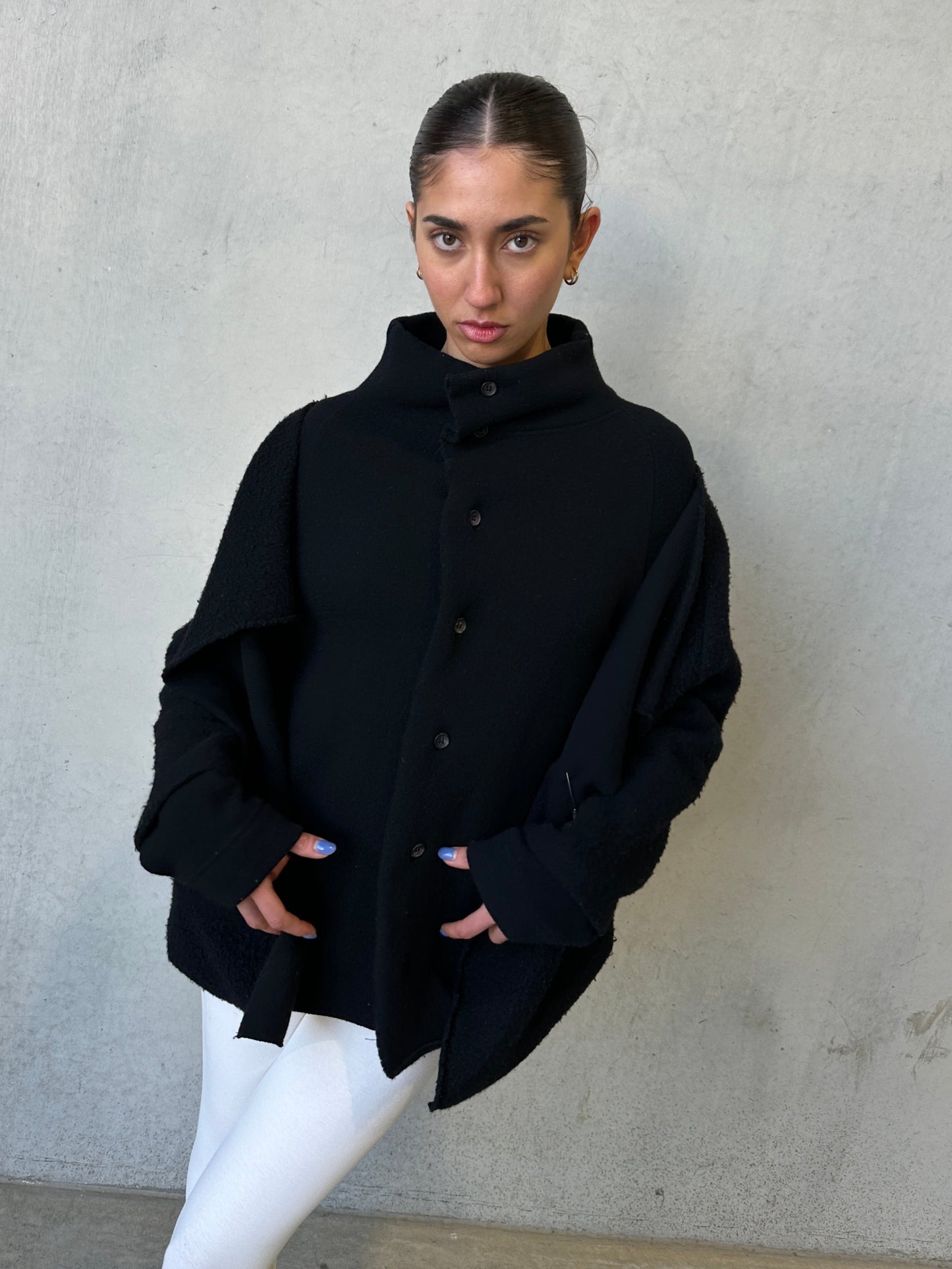 90s y’s by yohji yamamoto black wool deformed pin coat