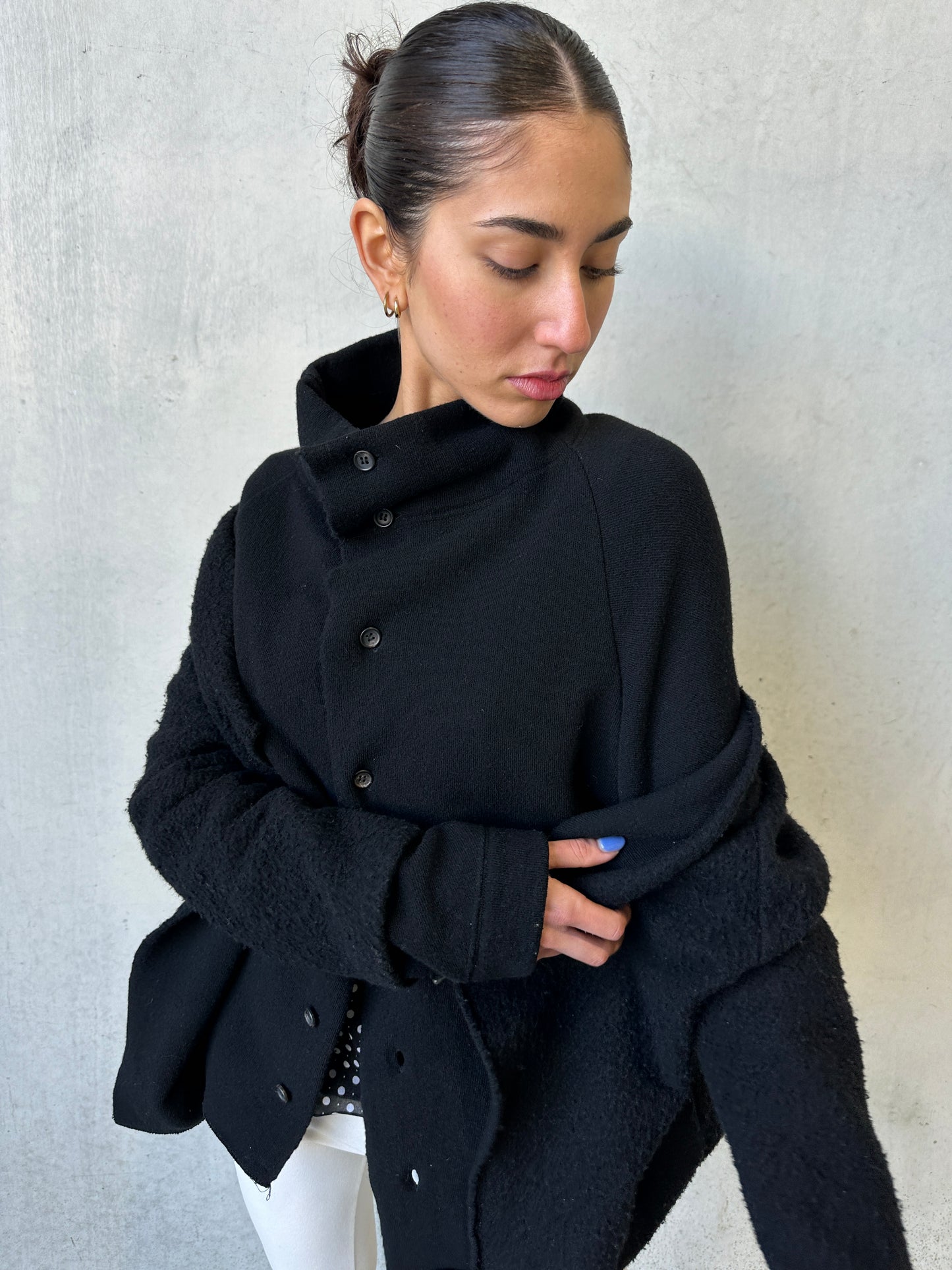90s y’s by yohji yamamoto black wool deformed pin coat
