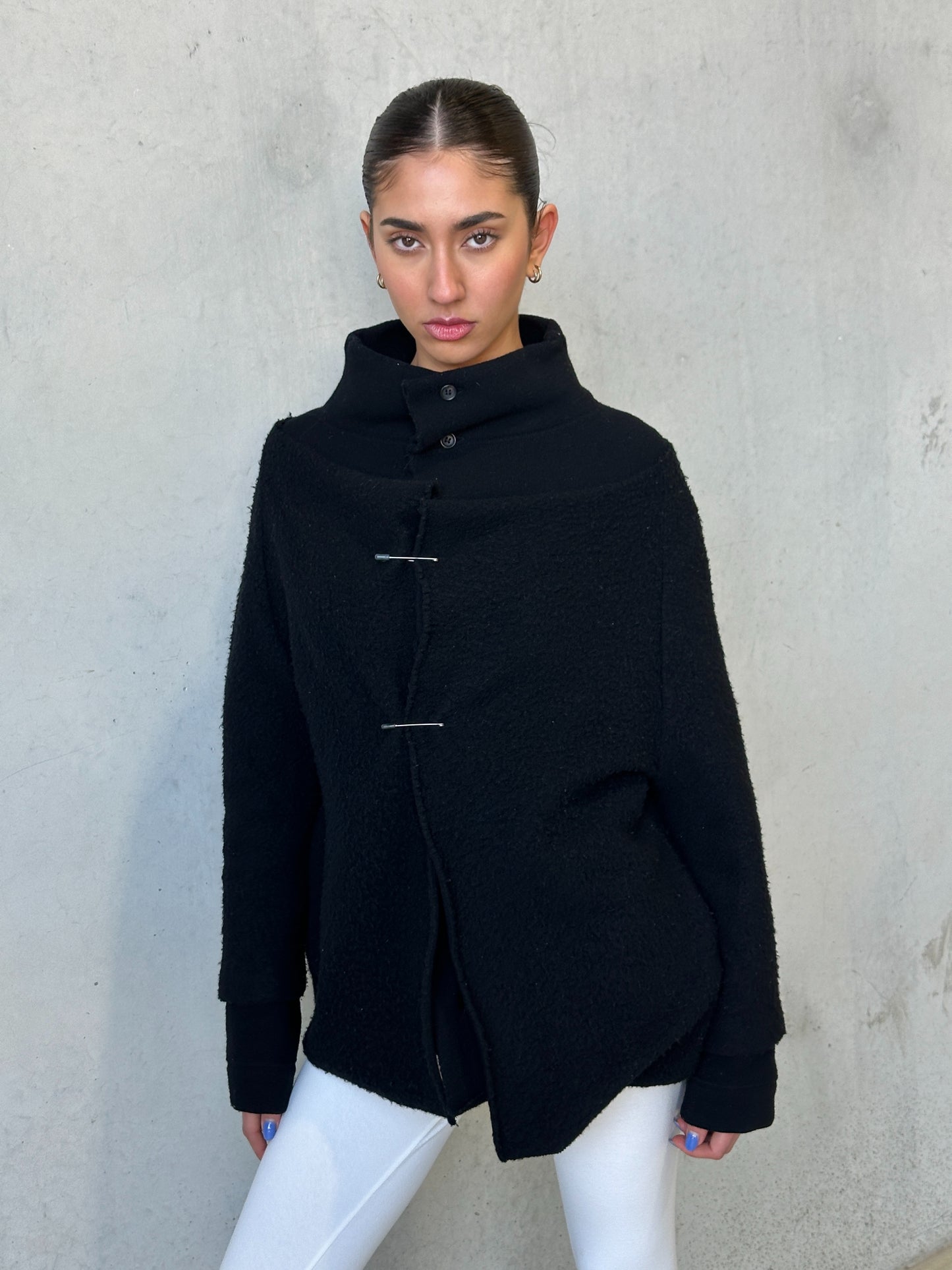90s y’s by yohji yamamoto black wool deformed pin coat