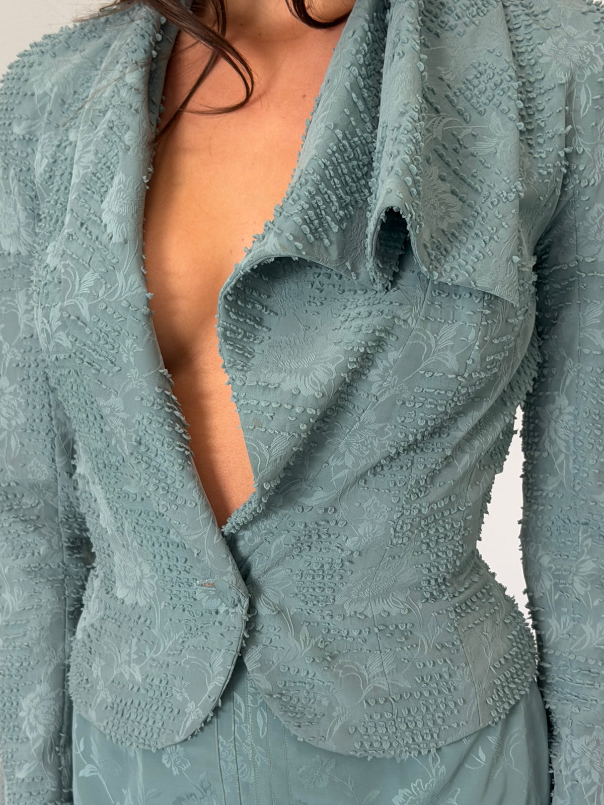 (archival) john galliano spring 1999 runway blue jacquard skirt suit