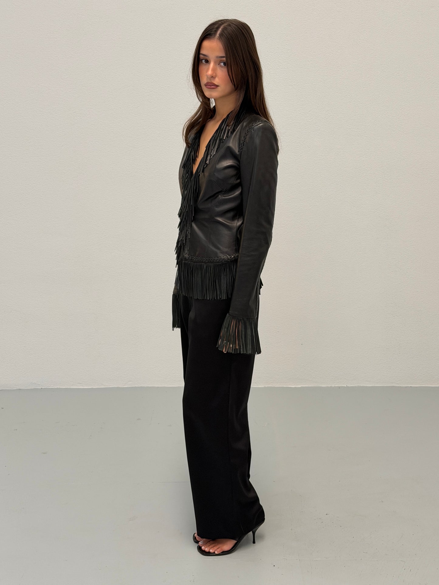 gianni versace spring summer 2002 leather fringe jacket