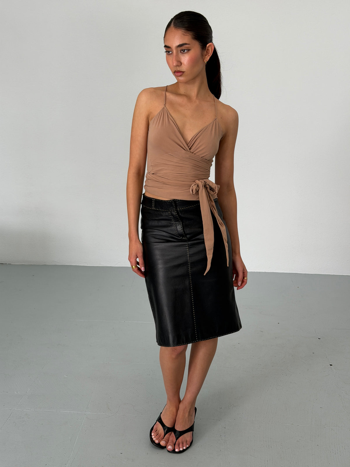 balenciaga by nicolas ghesquière spring 2002 taupe ruched tie-front top