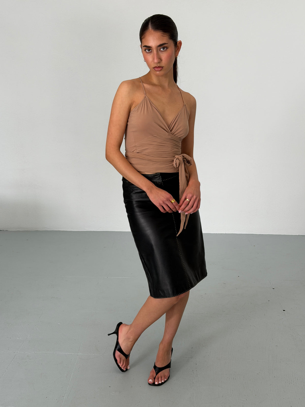 balenciaga by nicolas ghesquière spring 2002 taupe ruched tie-front top