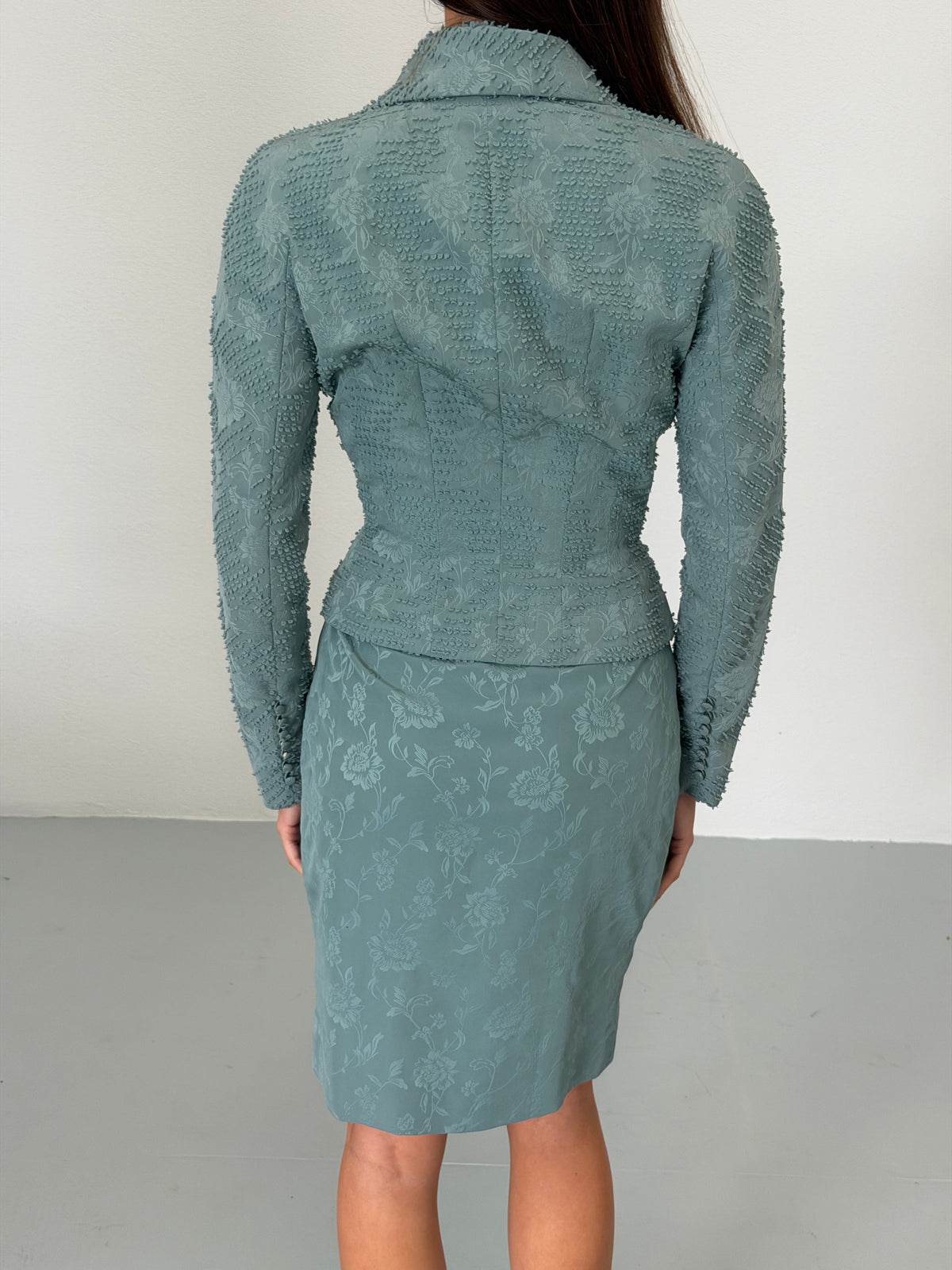 (archival) john galliano spring 1999 runway blue jacquard skirt suit