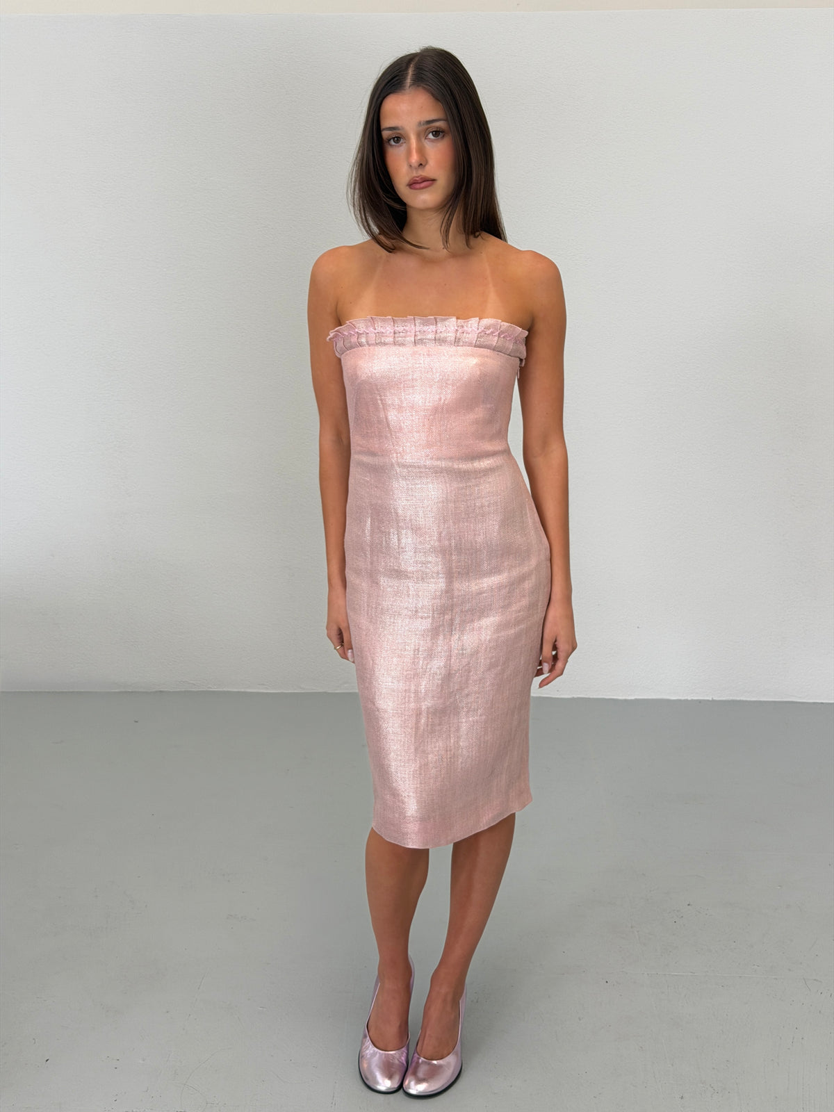 (RESERVED) gianni versace couture spring 1999 pink metallic linen strapless dress