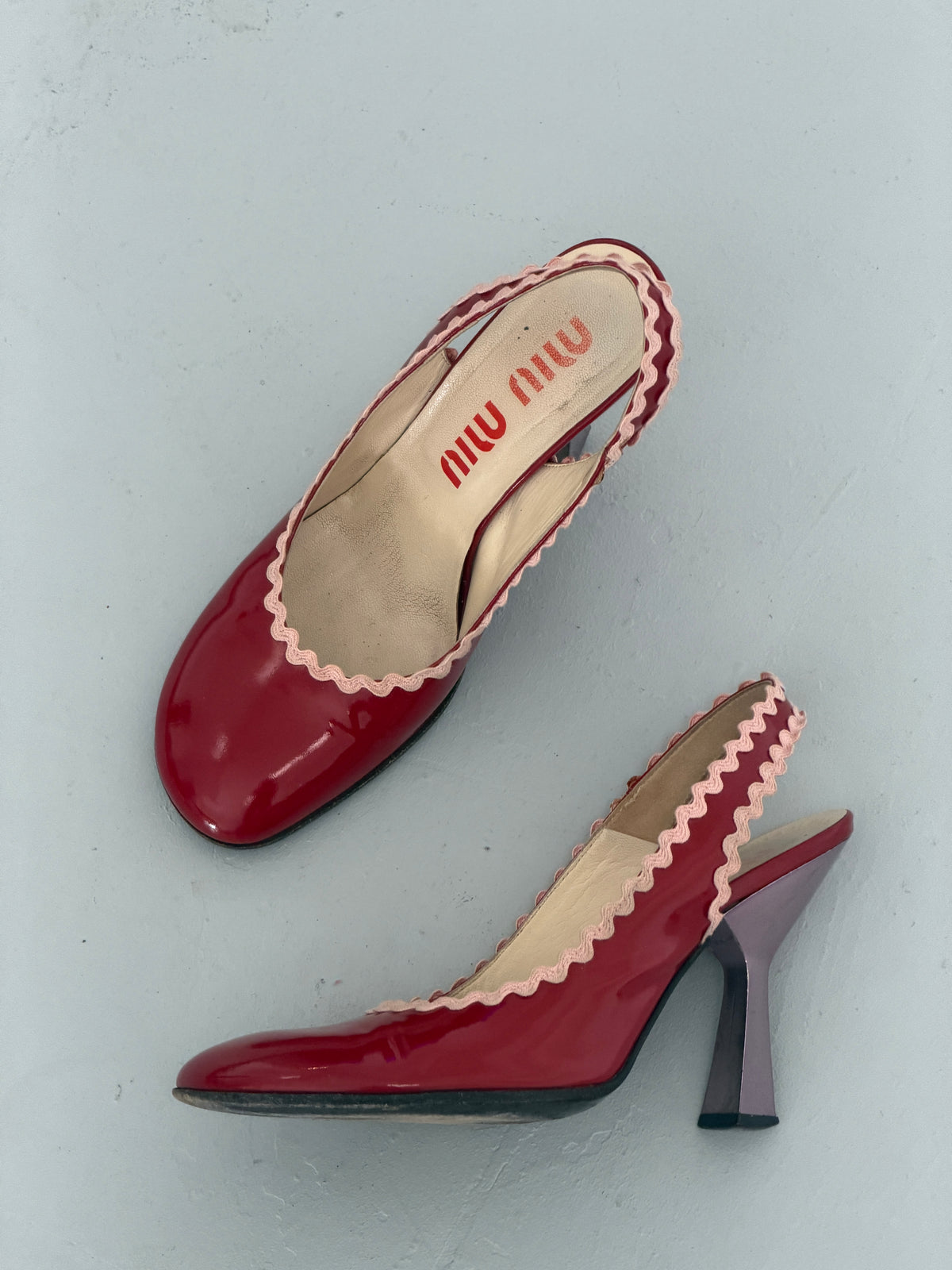 miu miu spring 1998 red patent slingback heels