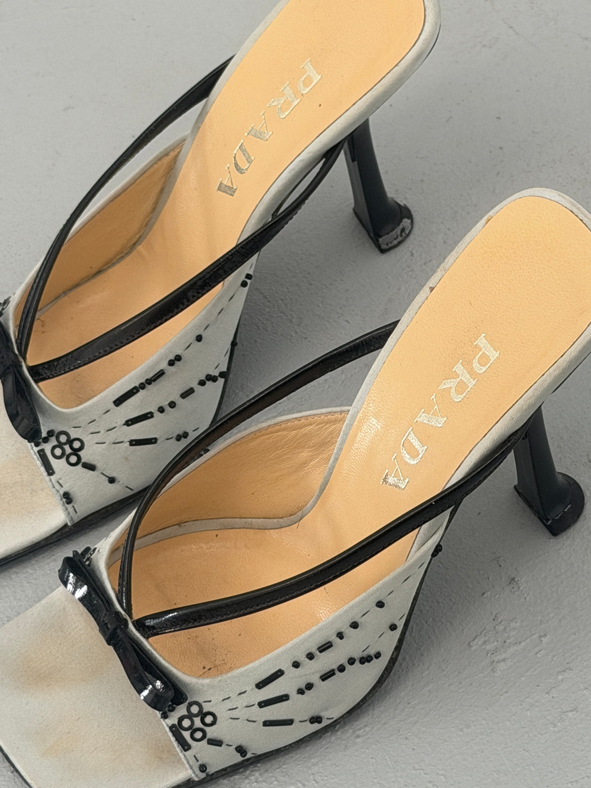 prada spring 2000 light silver satin embellished heeled mules
