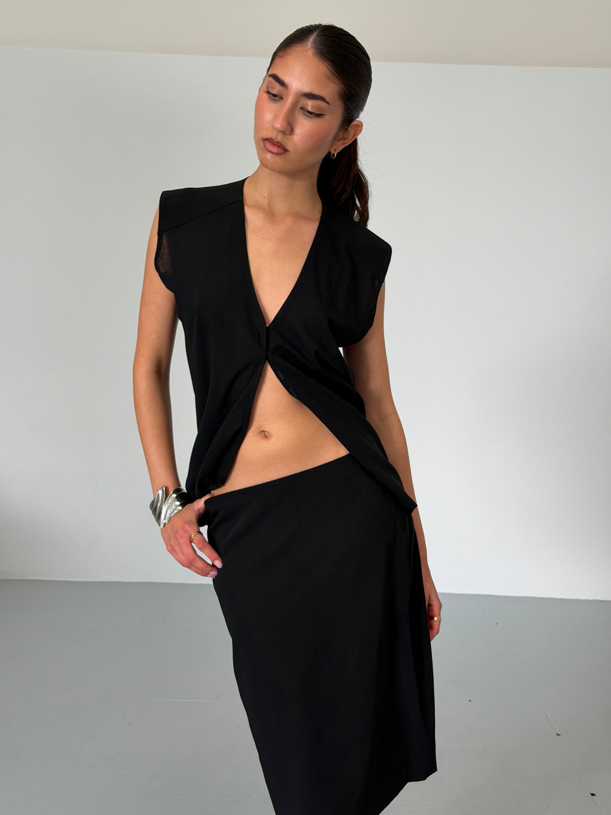 jil sander 1990s black sleeveless skirt set