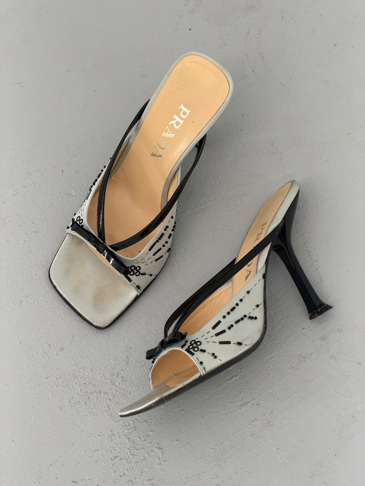 prada spring 2000 light silver satin embellished heeled mules