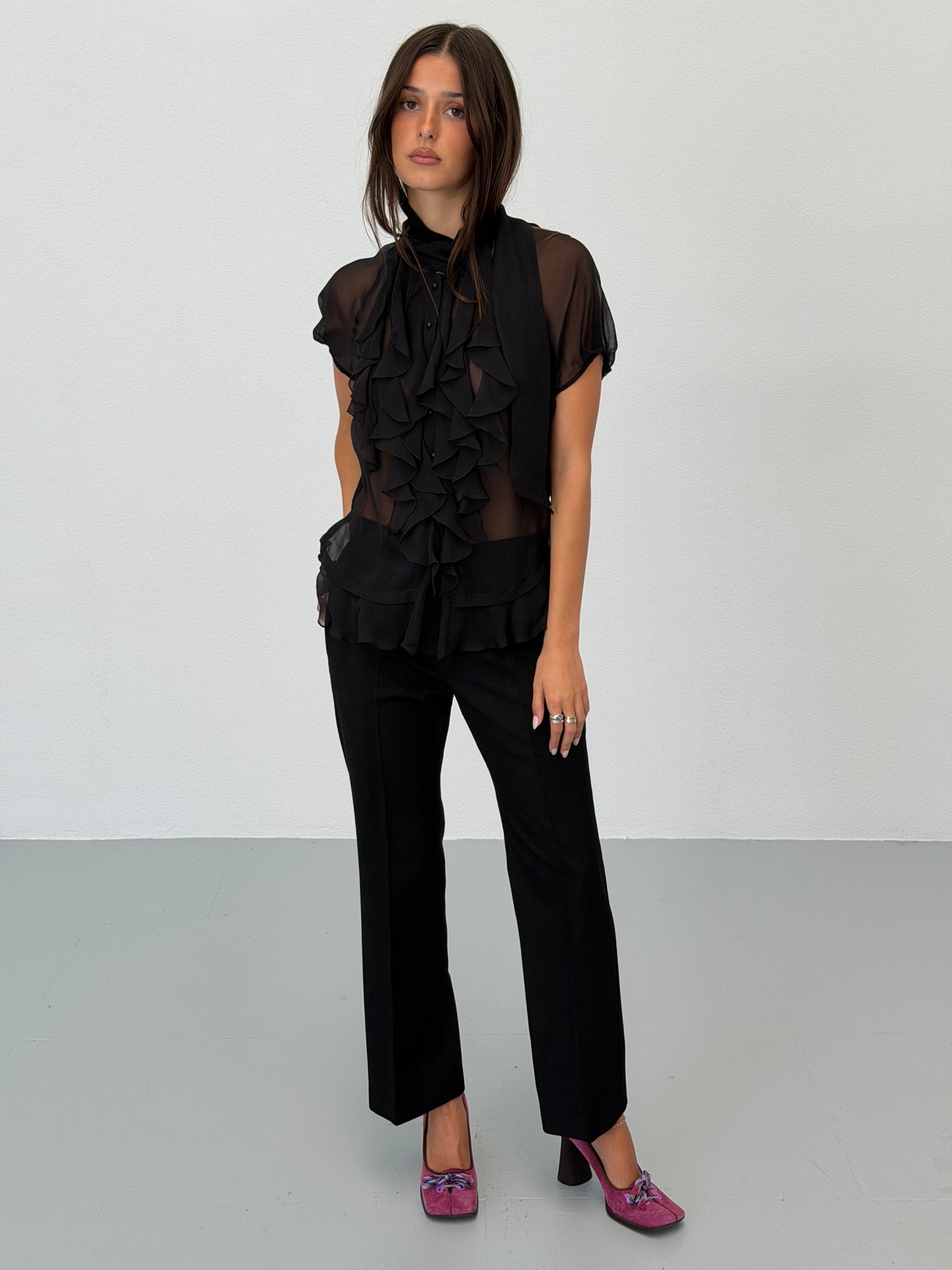 paola frani 2000s silk sheer ruffle blouse