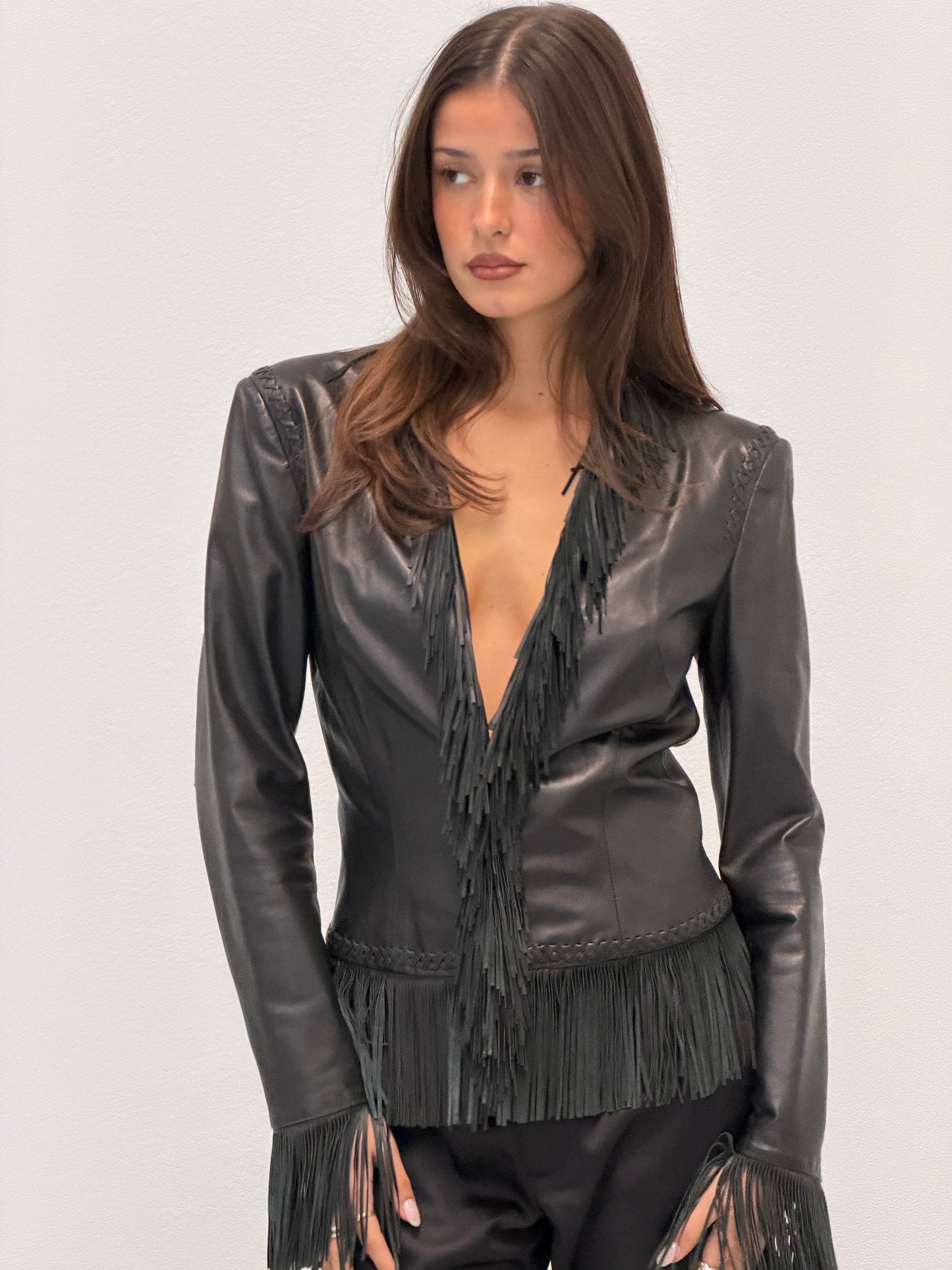 gianni versace spring summer 2002 leather fringe jacket