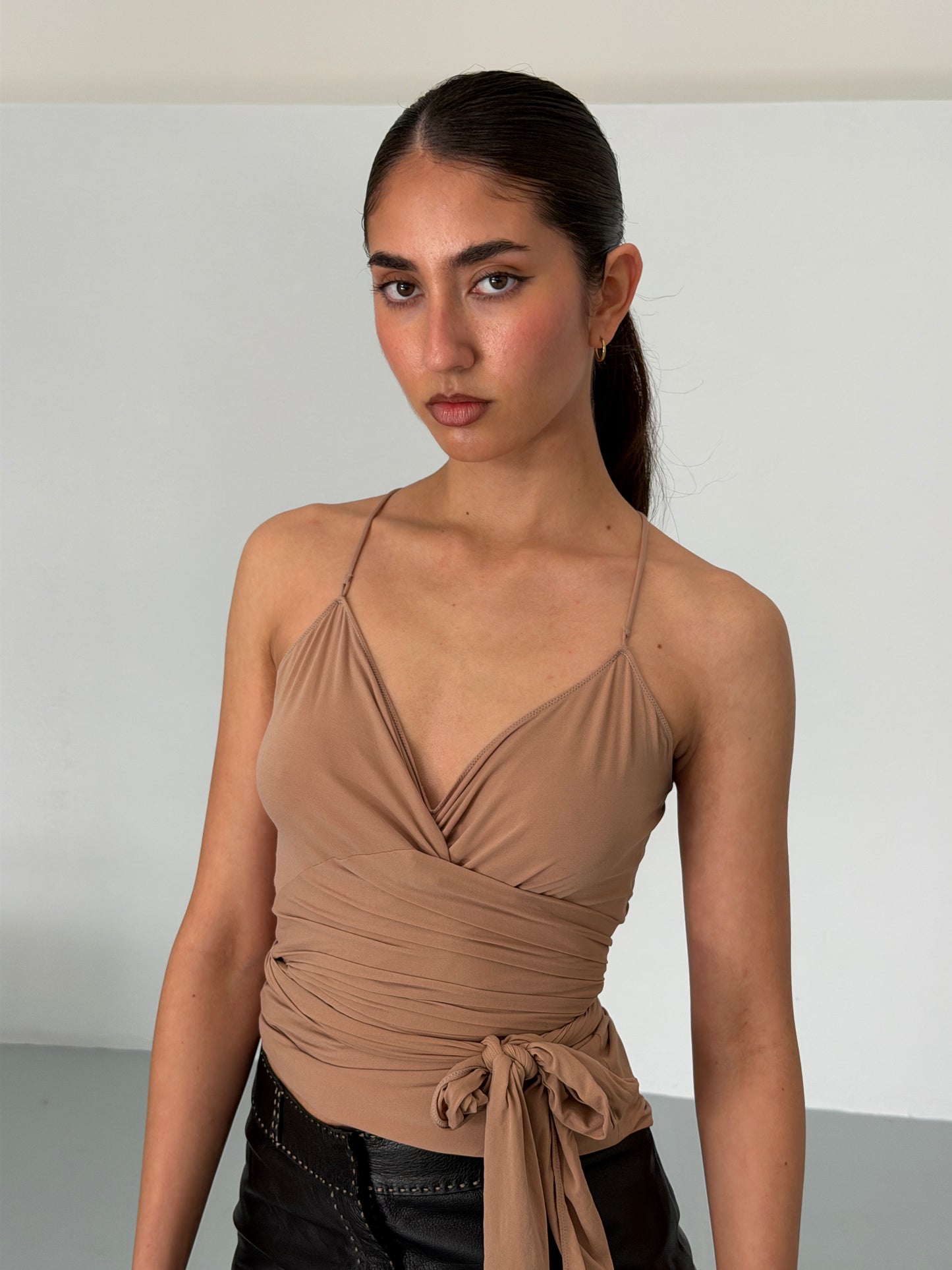 balenciaga by nicolas ghesquière spring 2002 taupe ruched tie-front top