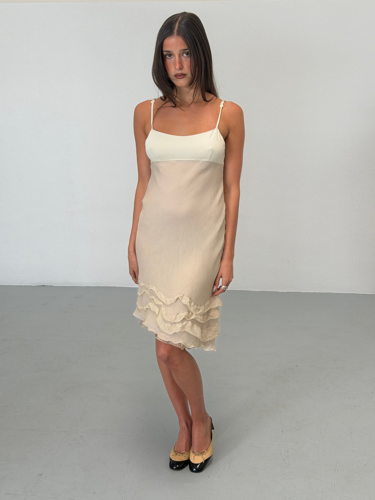(rare) prada spring 2000 beige silk ruffle hem slip dress