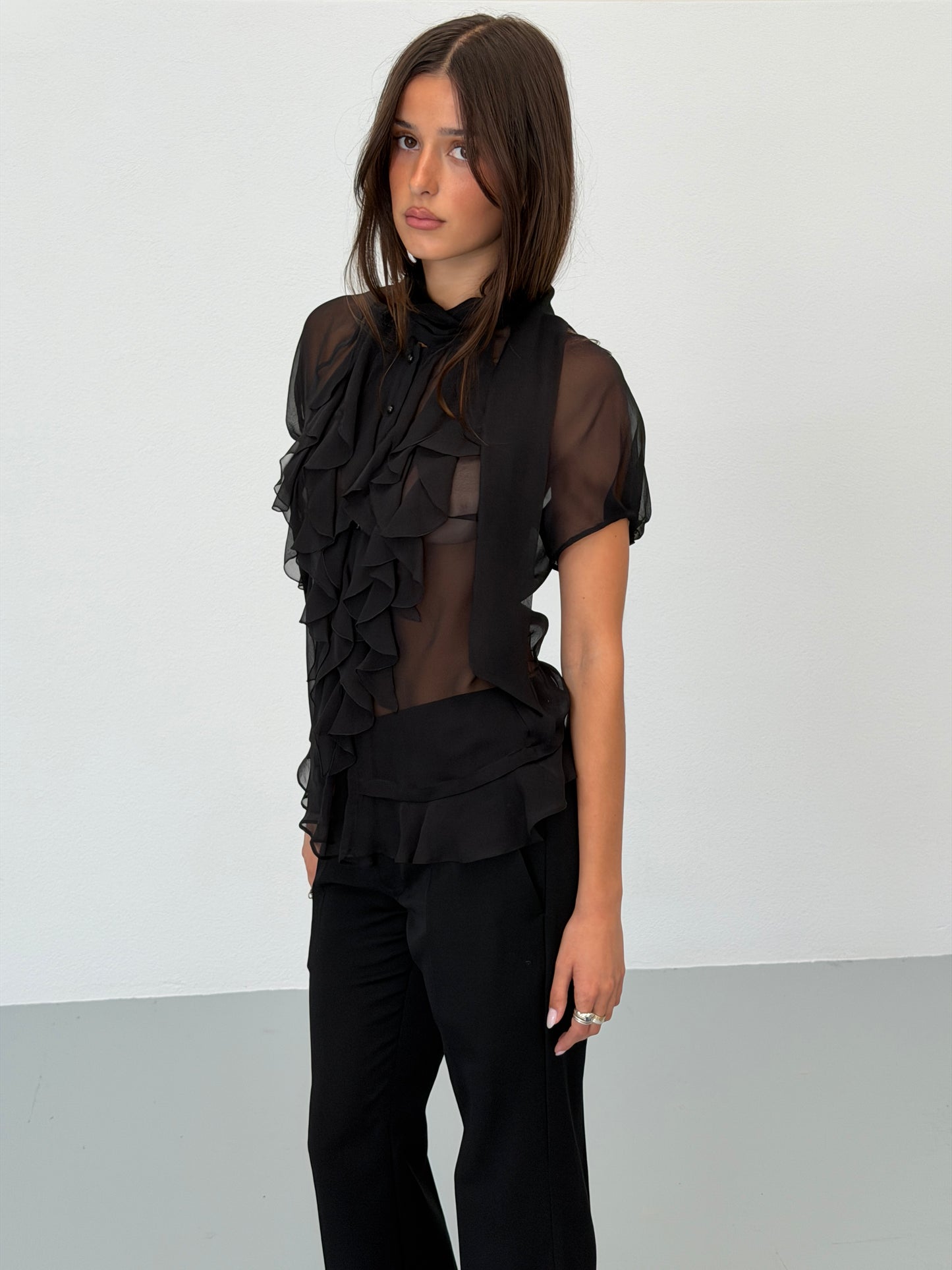paola frani 2000s silk sheer ruffle blouse