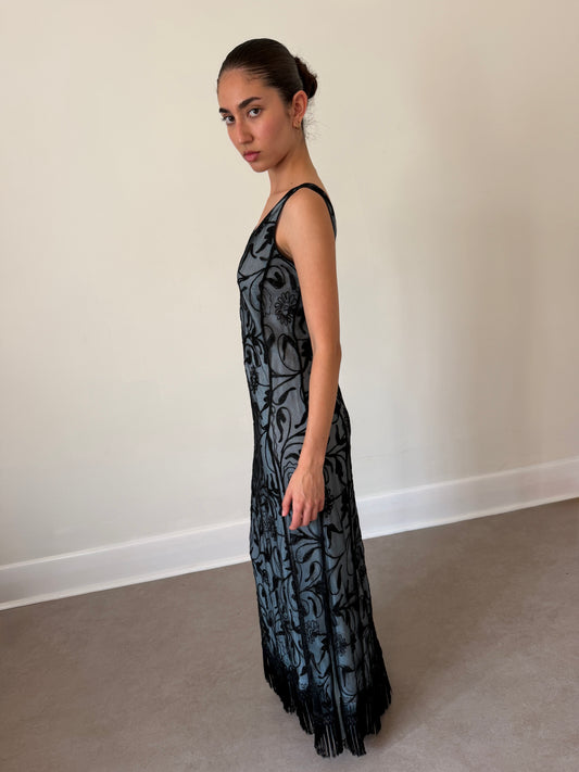 (reserved) emporio armani spring 1997 runway smoky blue embroidered gown