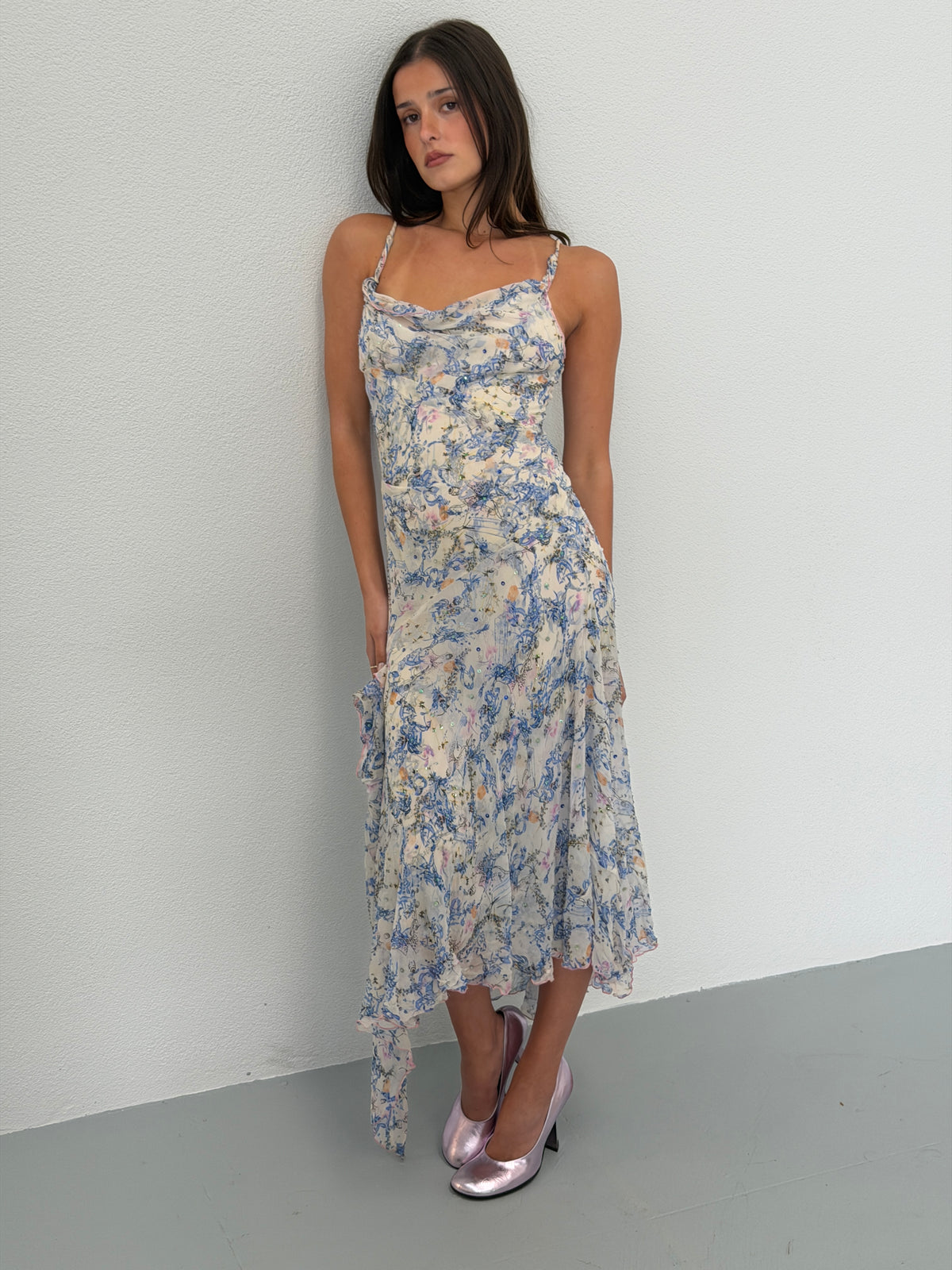 diane von furstenberg 2000s blue floral beaded silk dress