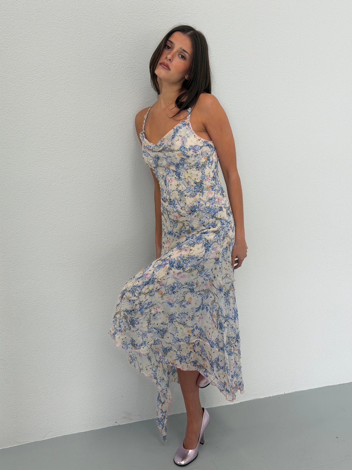 diane von furstenberg 2000s blue floral beaded silk dress