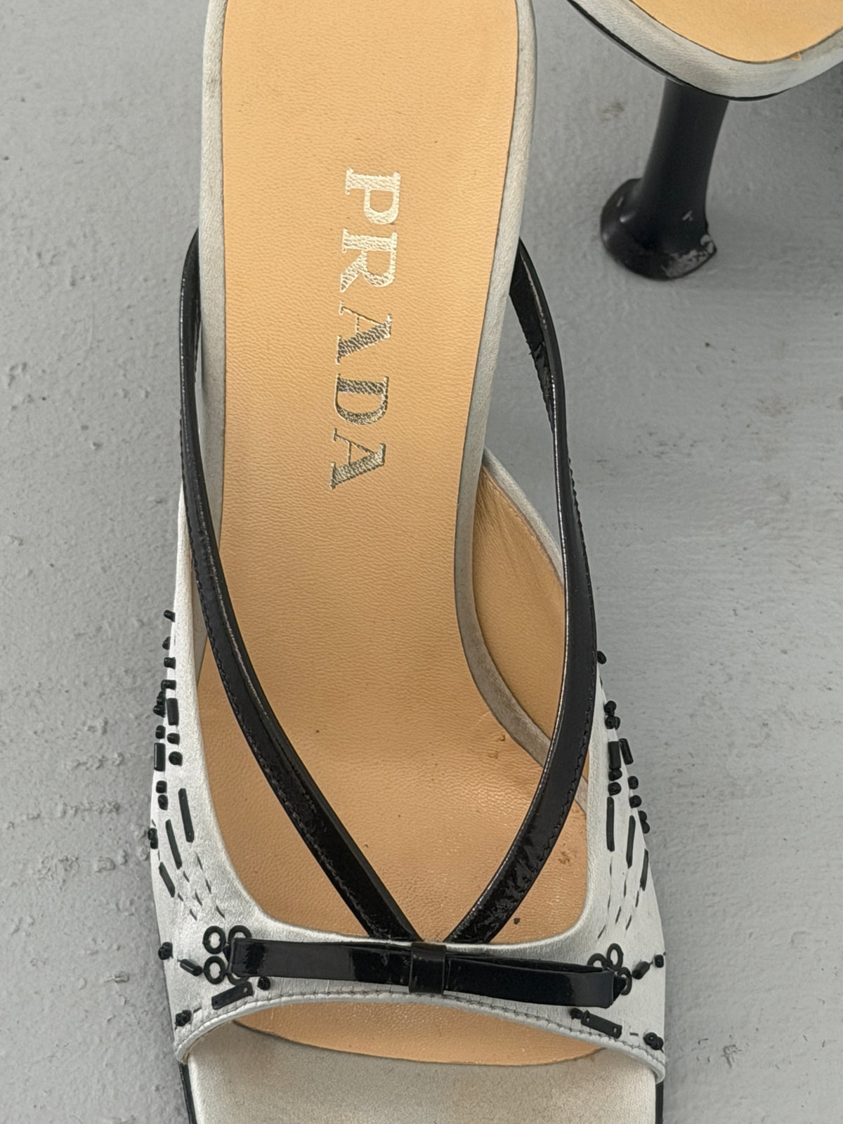 prada spring 2000 light silver satin embellished heeled mules