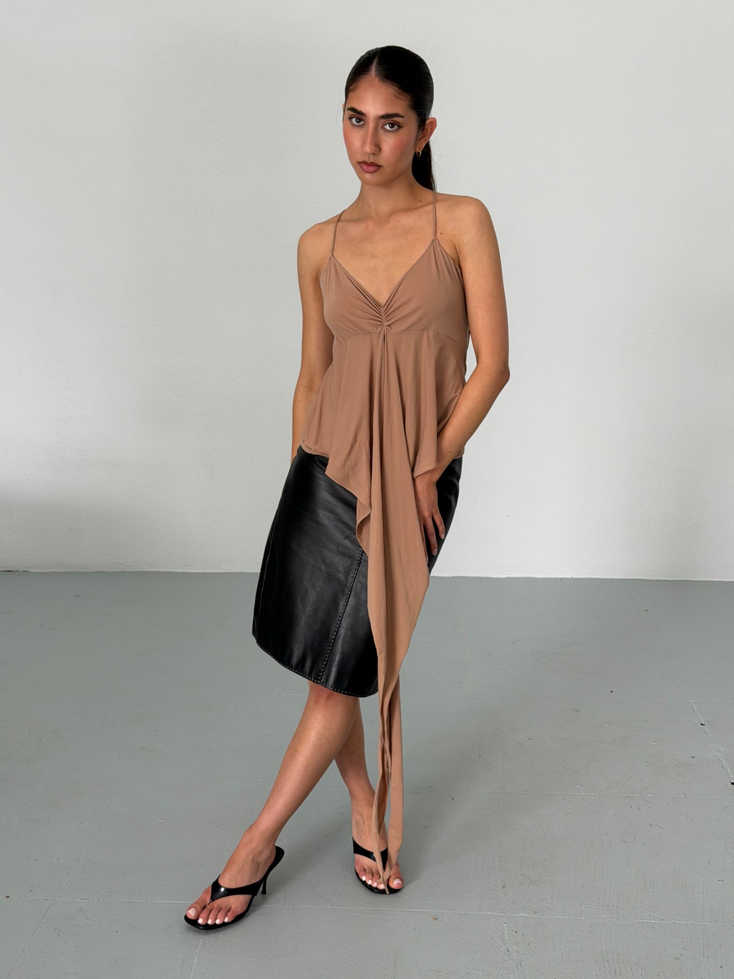 balenciaga by nicolas ghesquière spring 2002 taupe ruched tie-front top