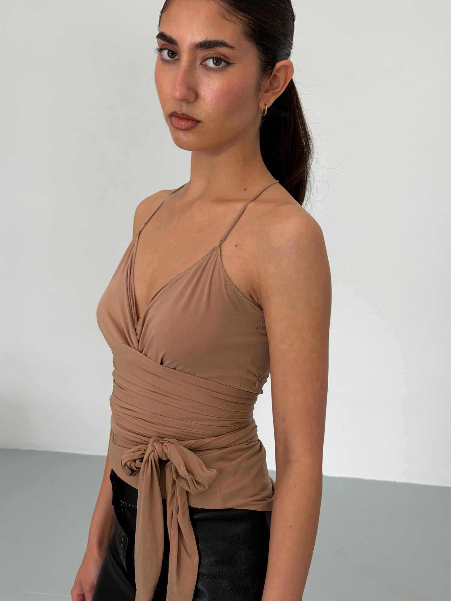 balenciaga by nicolas ghesquière spring 2002 taupe ruched tie-front top