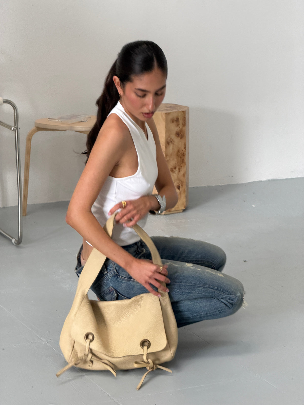 miu miu 2000s vintage ivory leather ribbon shoulder bag
