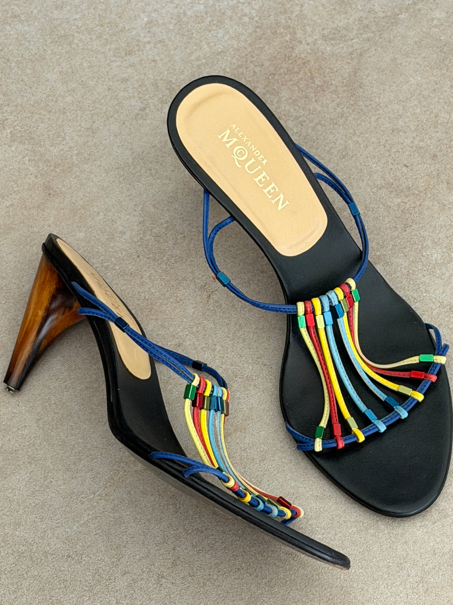 (rare) alexander mcqueen spring 2003 leather strap wood heels