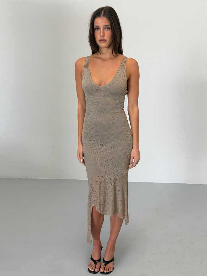 (archival) christian dior spring 2001 greige open knit asymmetric dress