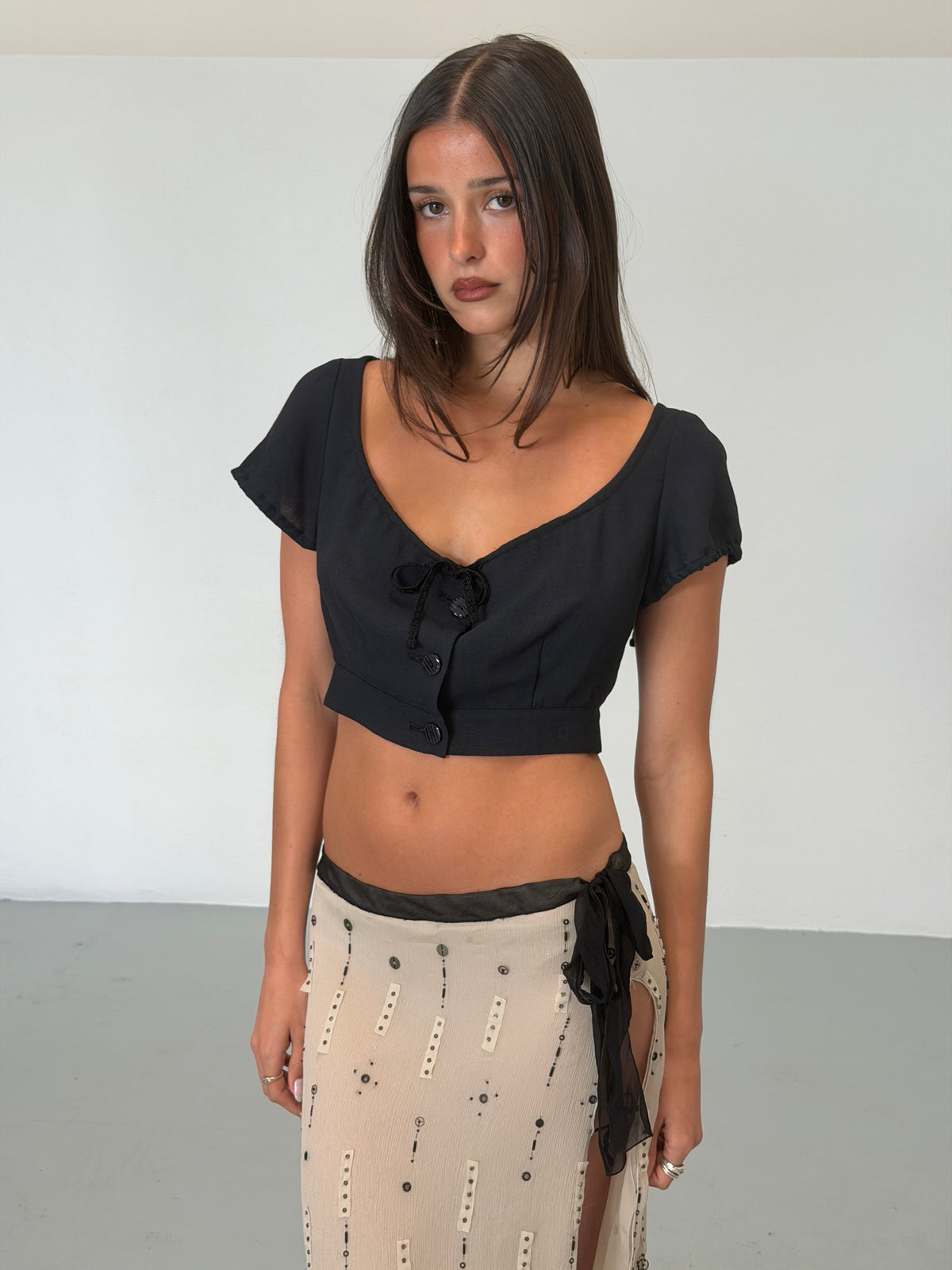 chantal thomass spring 1995 dark navy tie-detail cropped top