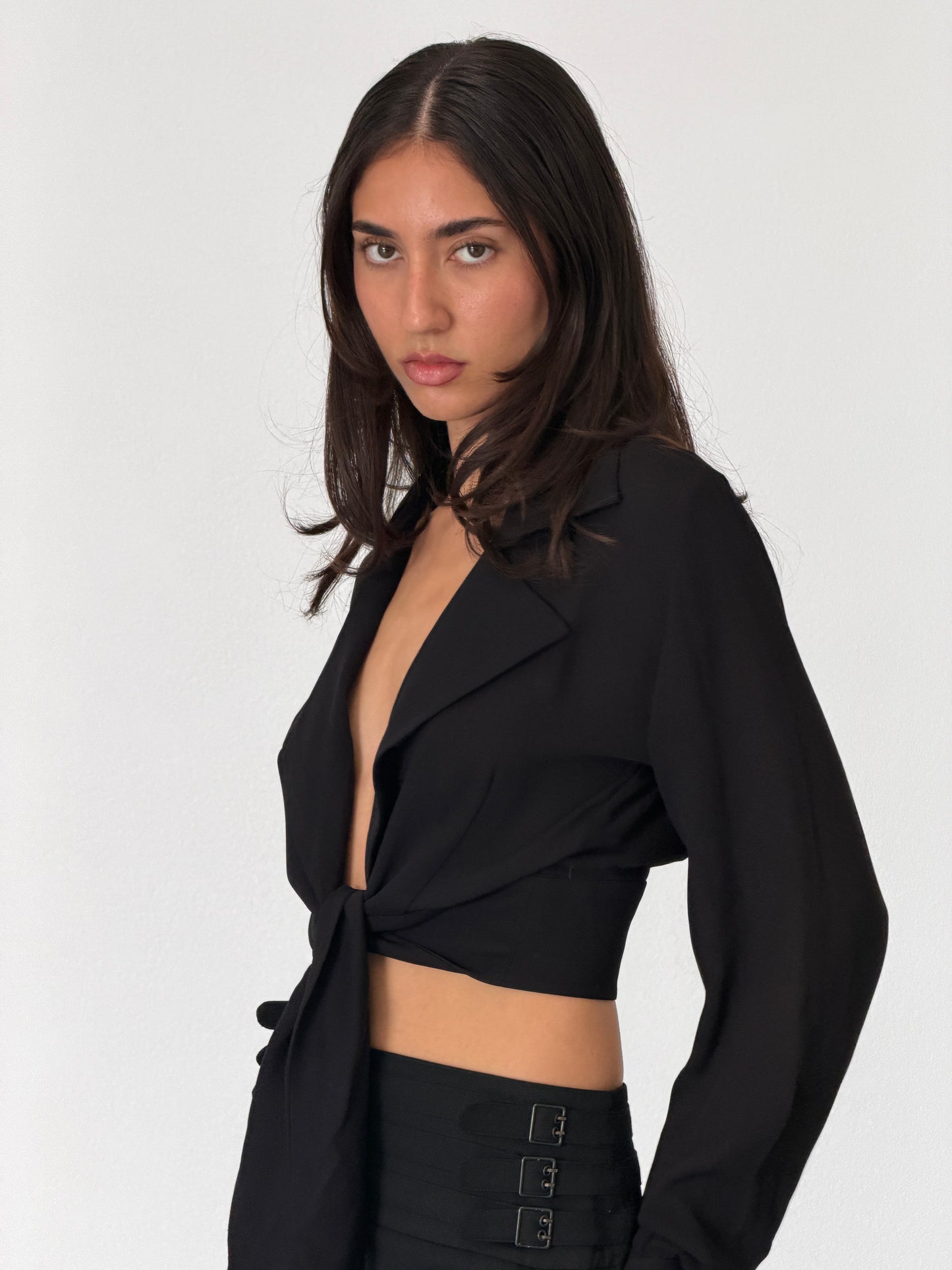 katharine hammett 1980s black wrap blouse