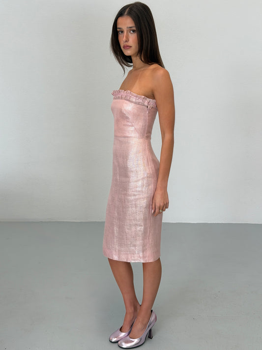 (RESERVED) gianni versace couture spring 1999 pink metallic linen strapless dress