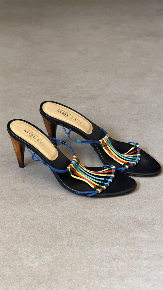 (rare) alexander mcqueen spring 2003 leather strap wood heels