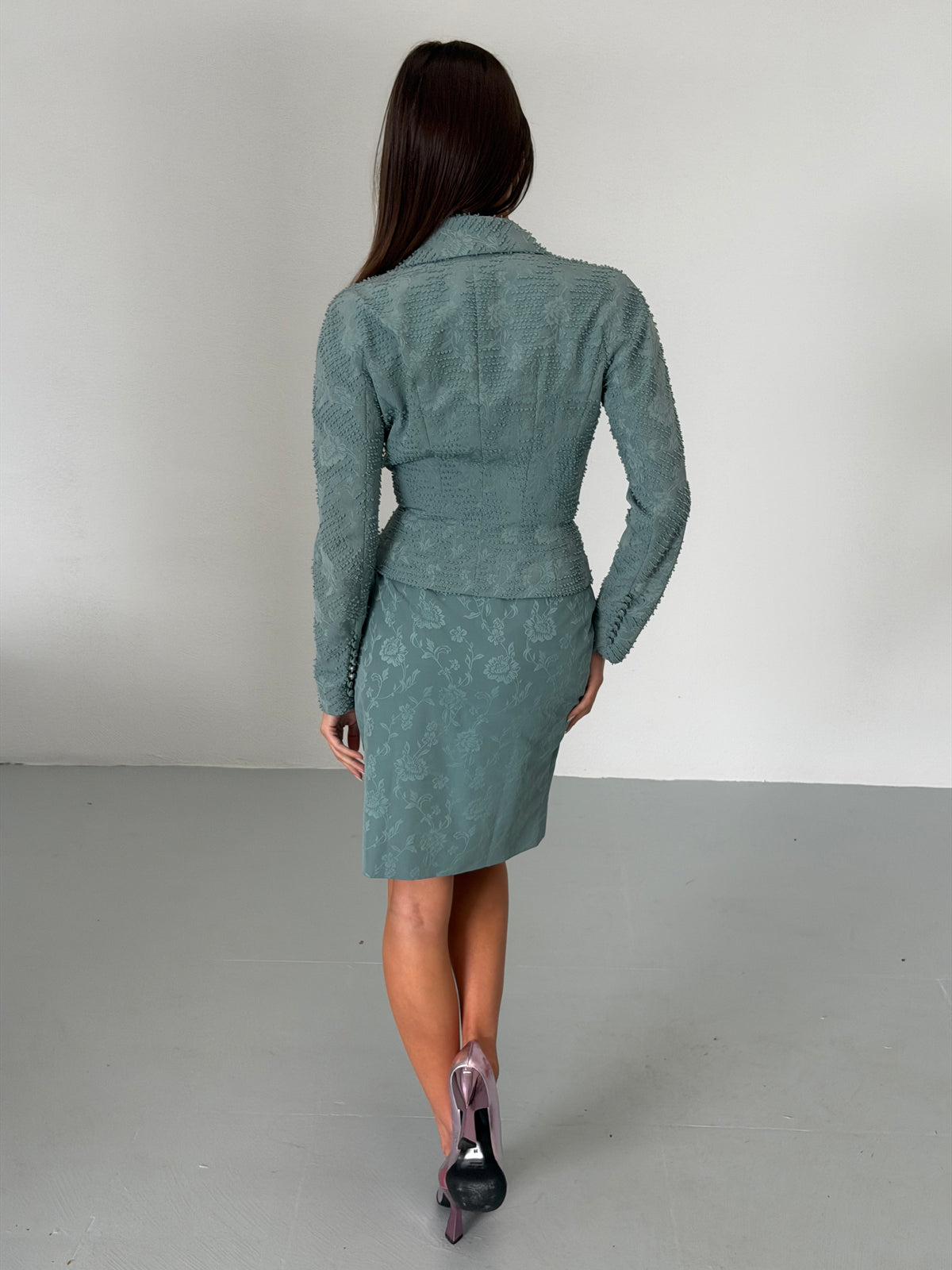 (archival) john galliano spring 1999 runway blue jacquard skirt suit