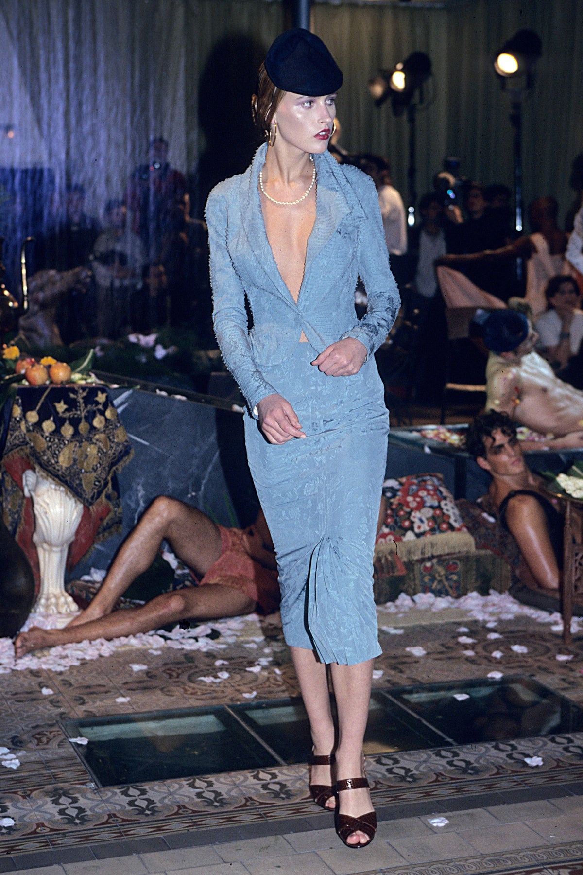 (archival) john galliano spring 1999 runway blue jacquard skirt suit