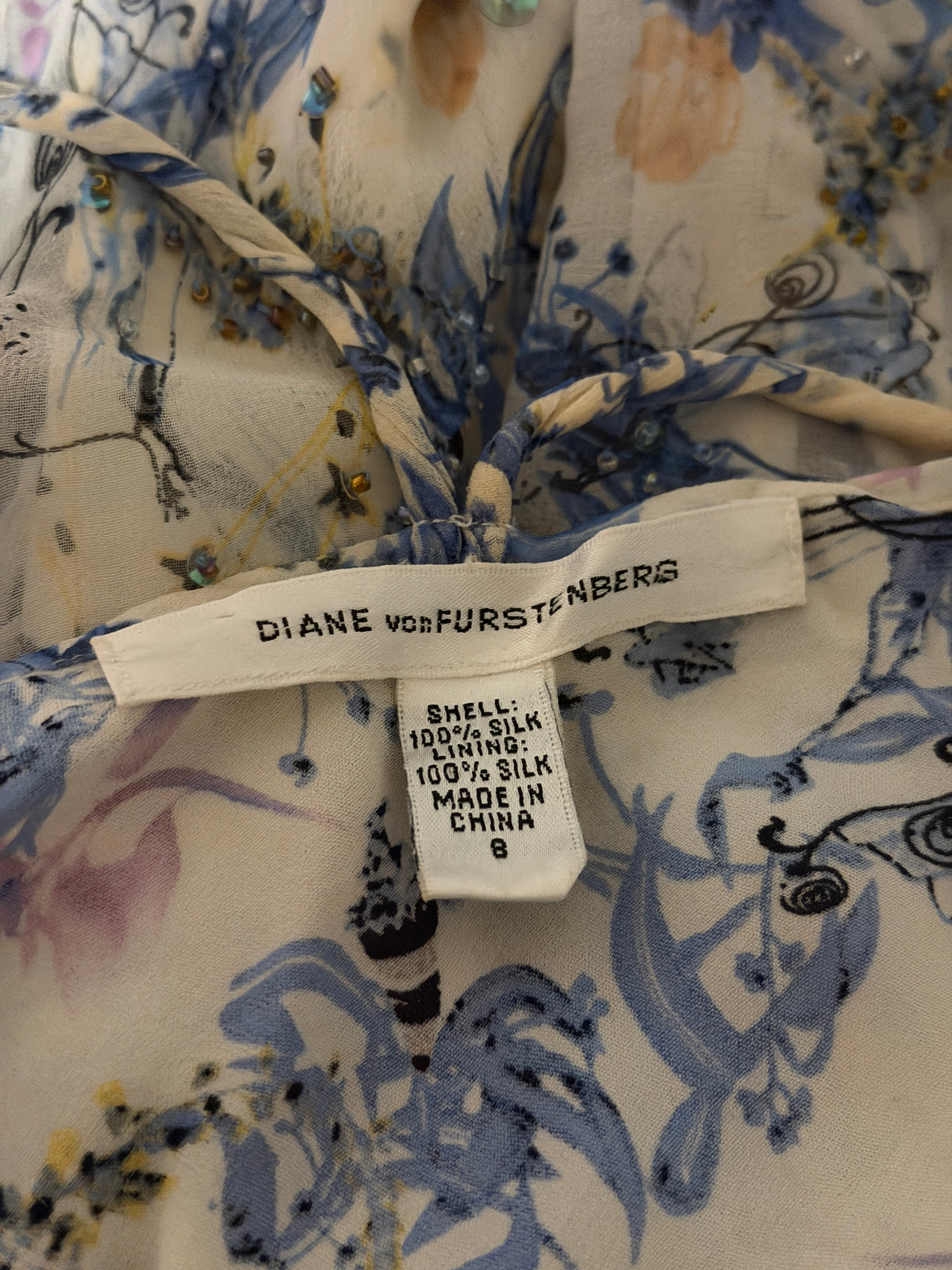 diane von furstenberg 2000s blue floral beaded silk dress
