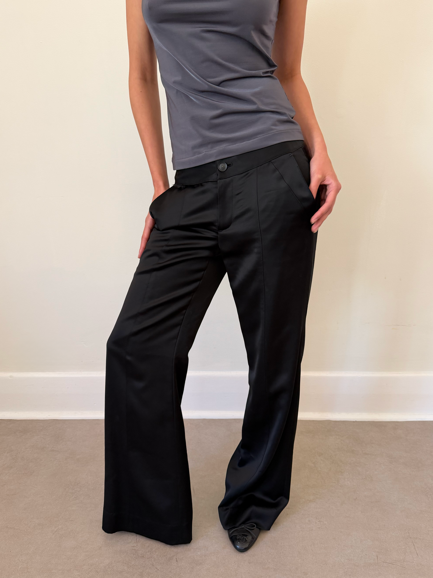 italian black satin trousers