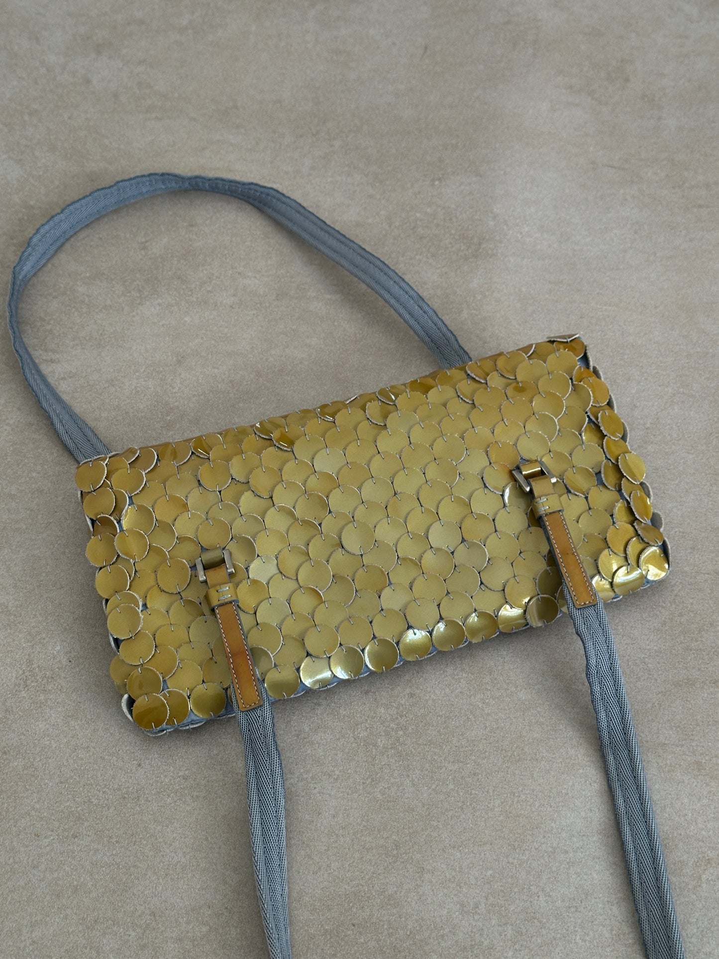 (rare) prada ss 2000 gold disc bag