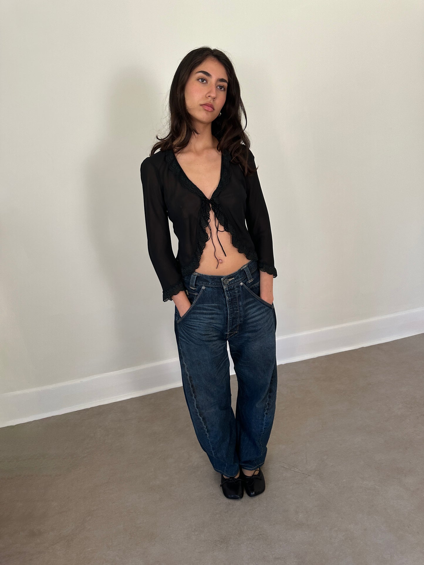 (early 2000s) katharine hamnett london sheer lace-trim cardigan