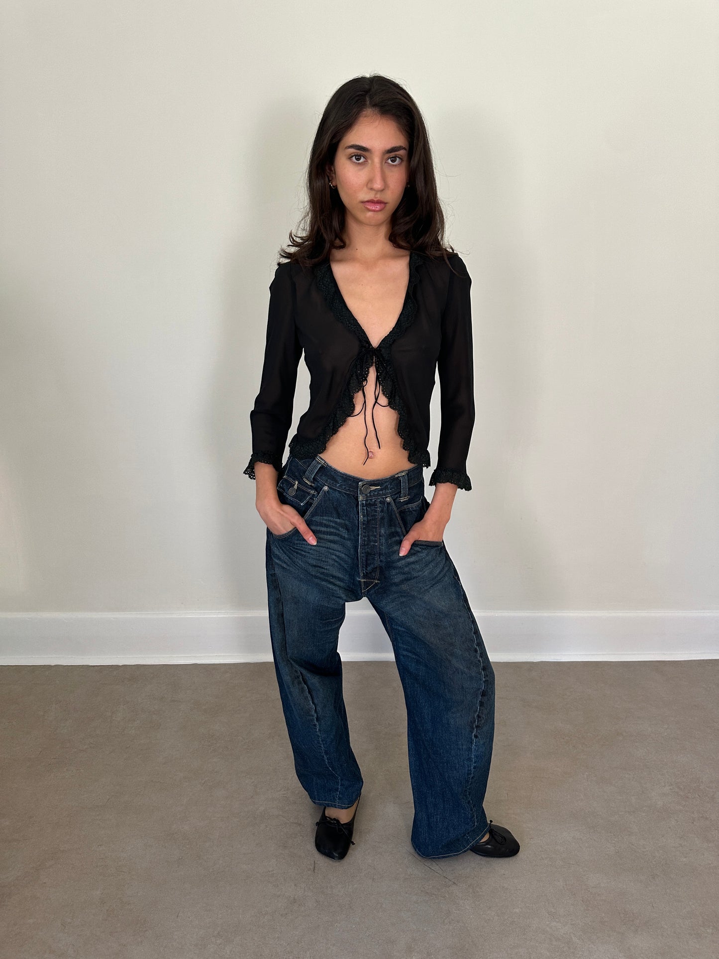 (early 2000s) katharine hamnett london sheer lace-trim cardigan