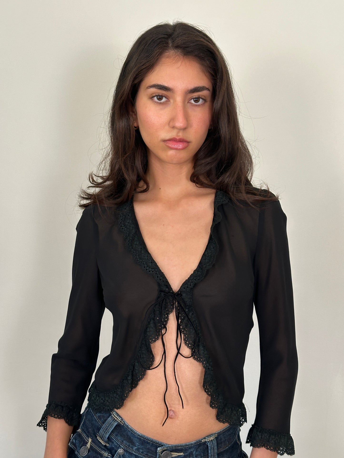 (early 2000s) katharine hamnett london sheer lace-trim cardigan