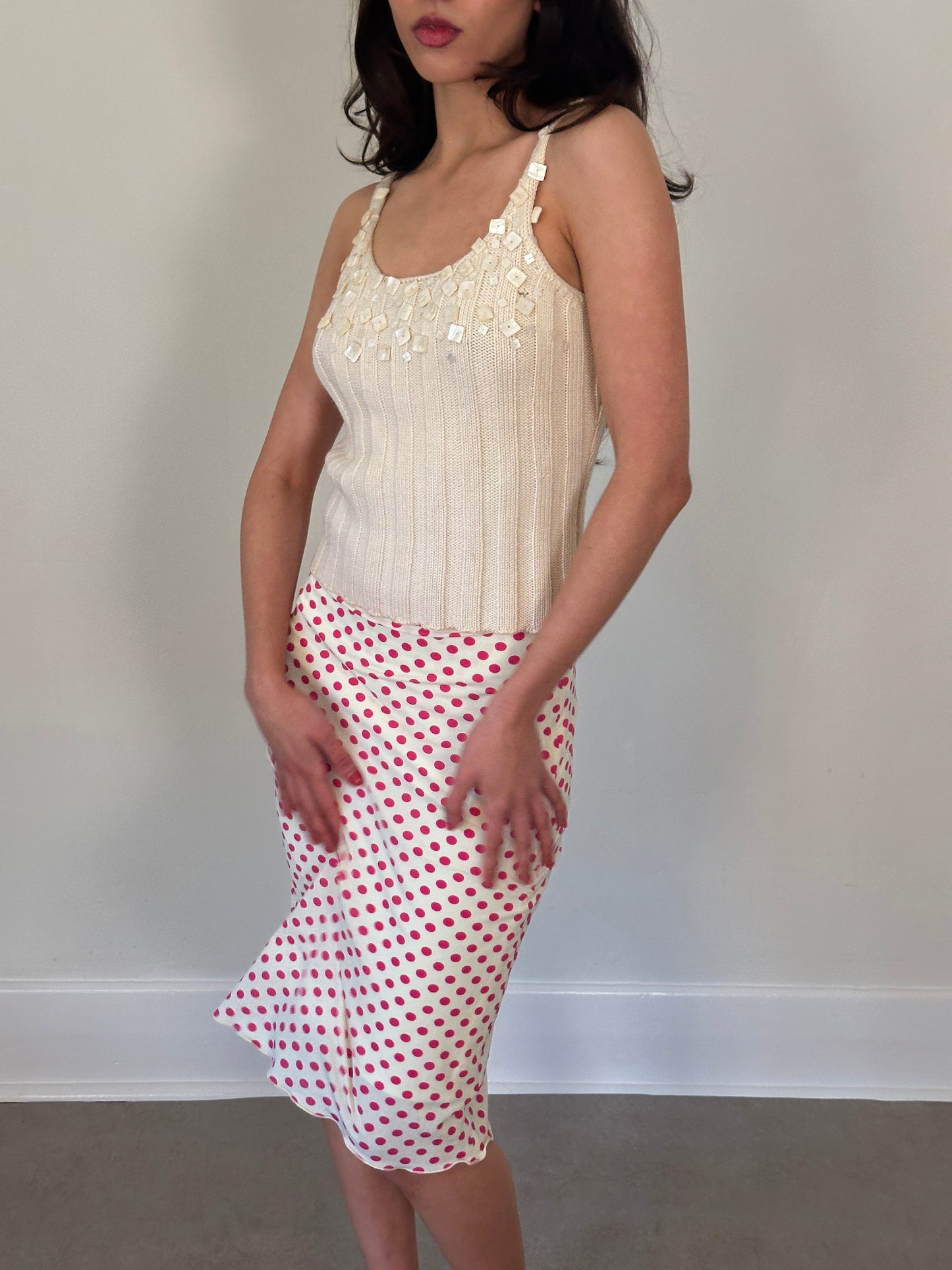 vintage pink polka dot midi skirt
