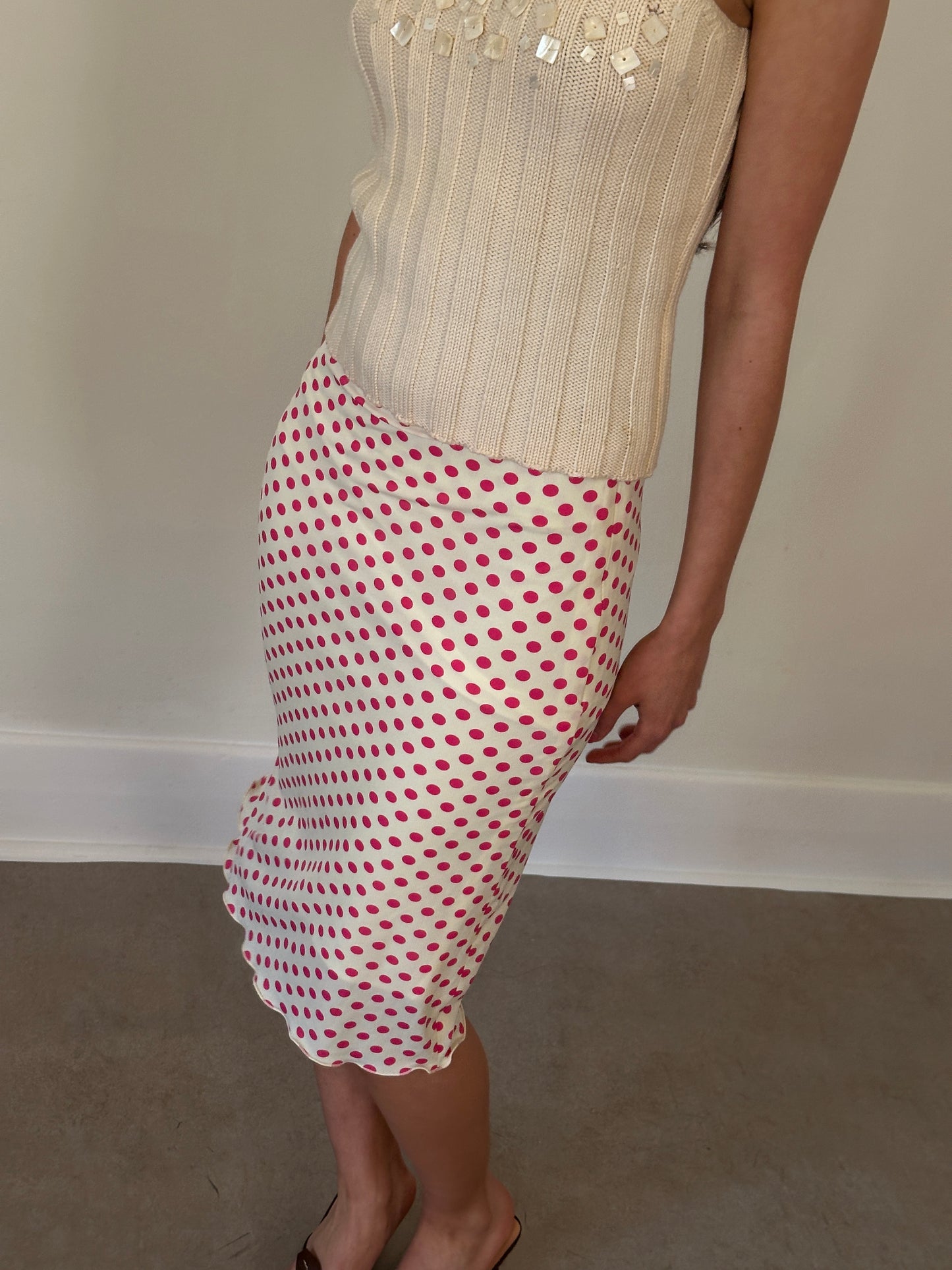 vintage pink polka dot midi skirt