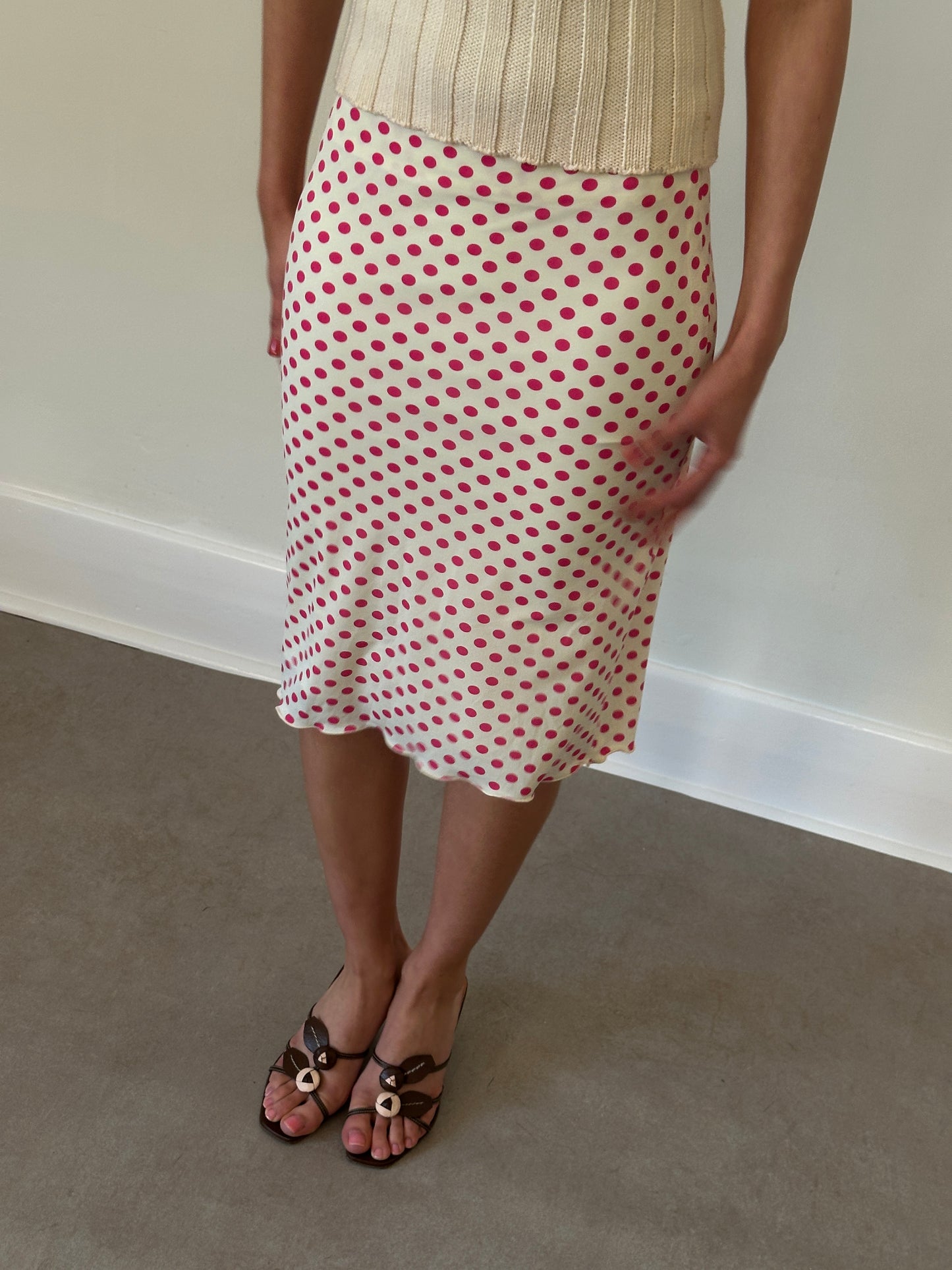 vintage pink polka dot midi skirt