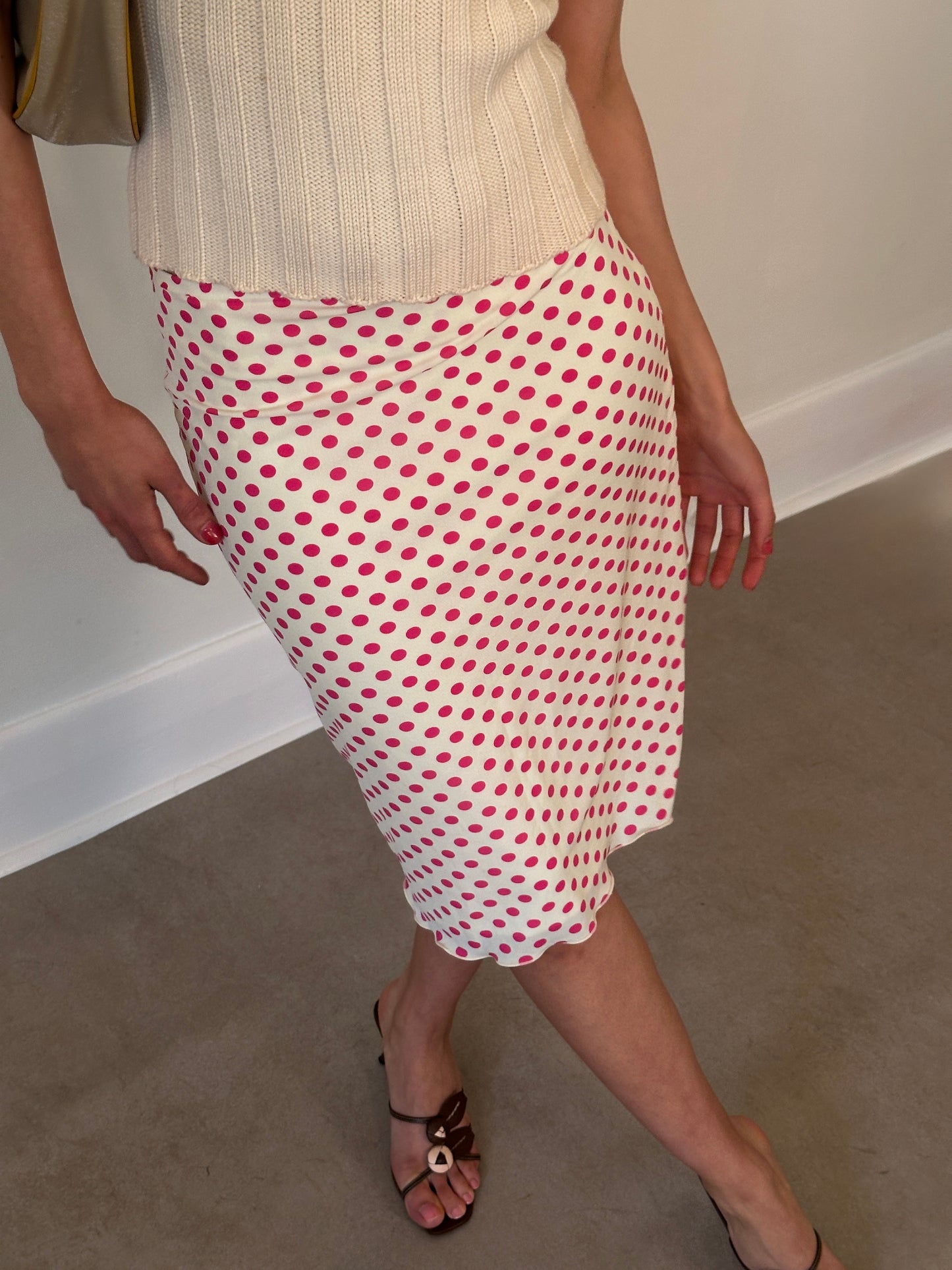 vintage pink polka dot midi skirt