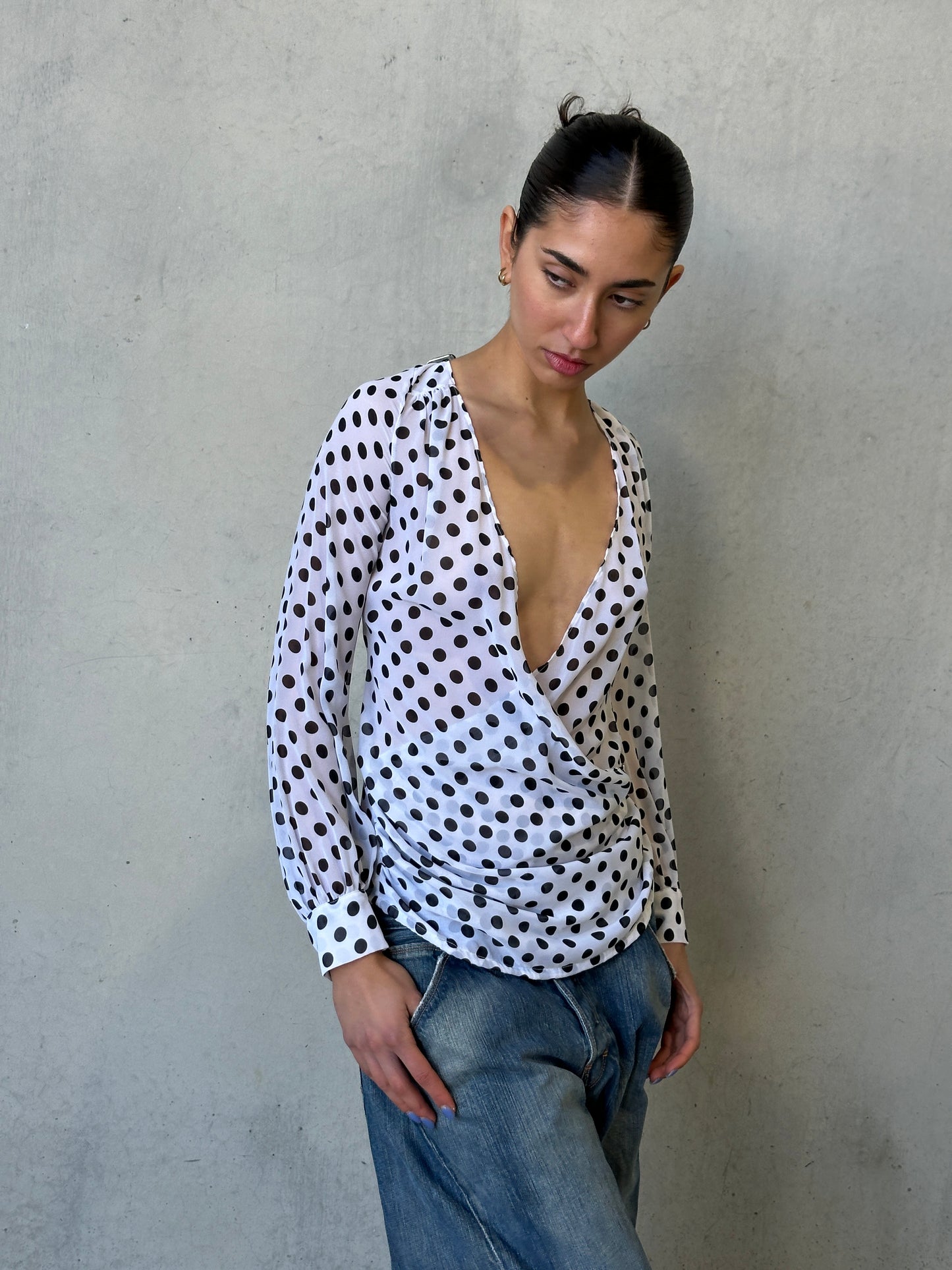 vintage polka dot print wrap blouse