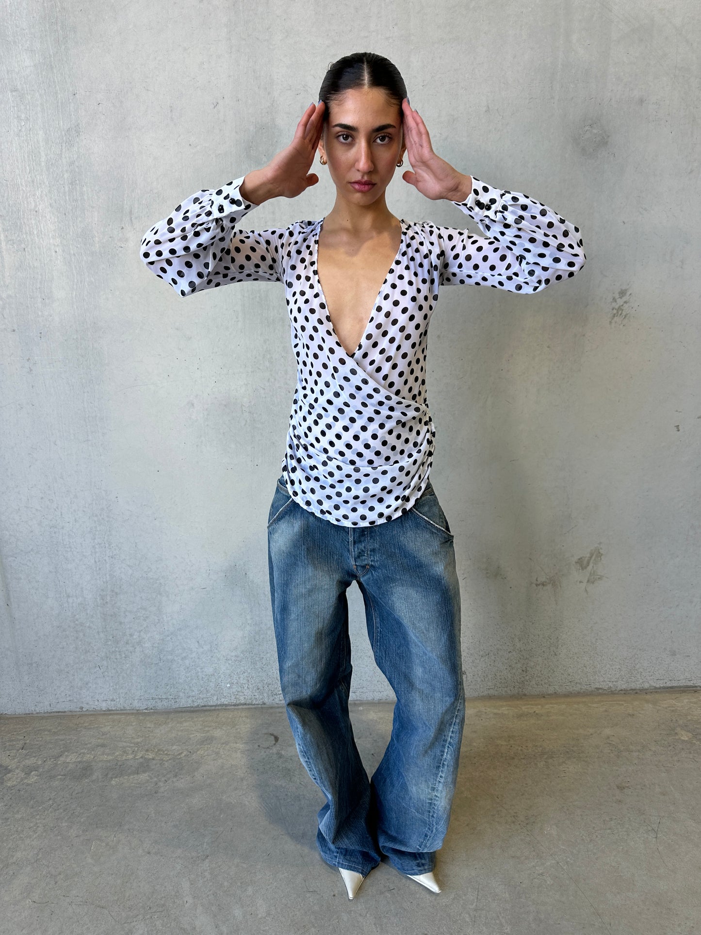 vintage polka dot print wrap blouse