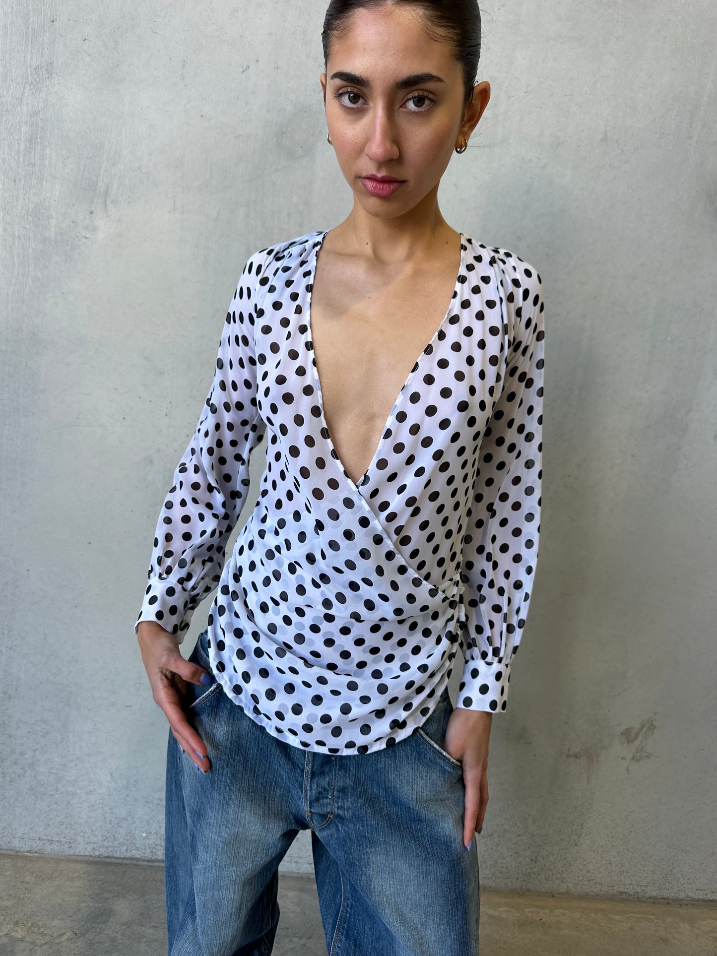 vintage polka dot print wrap blouse